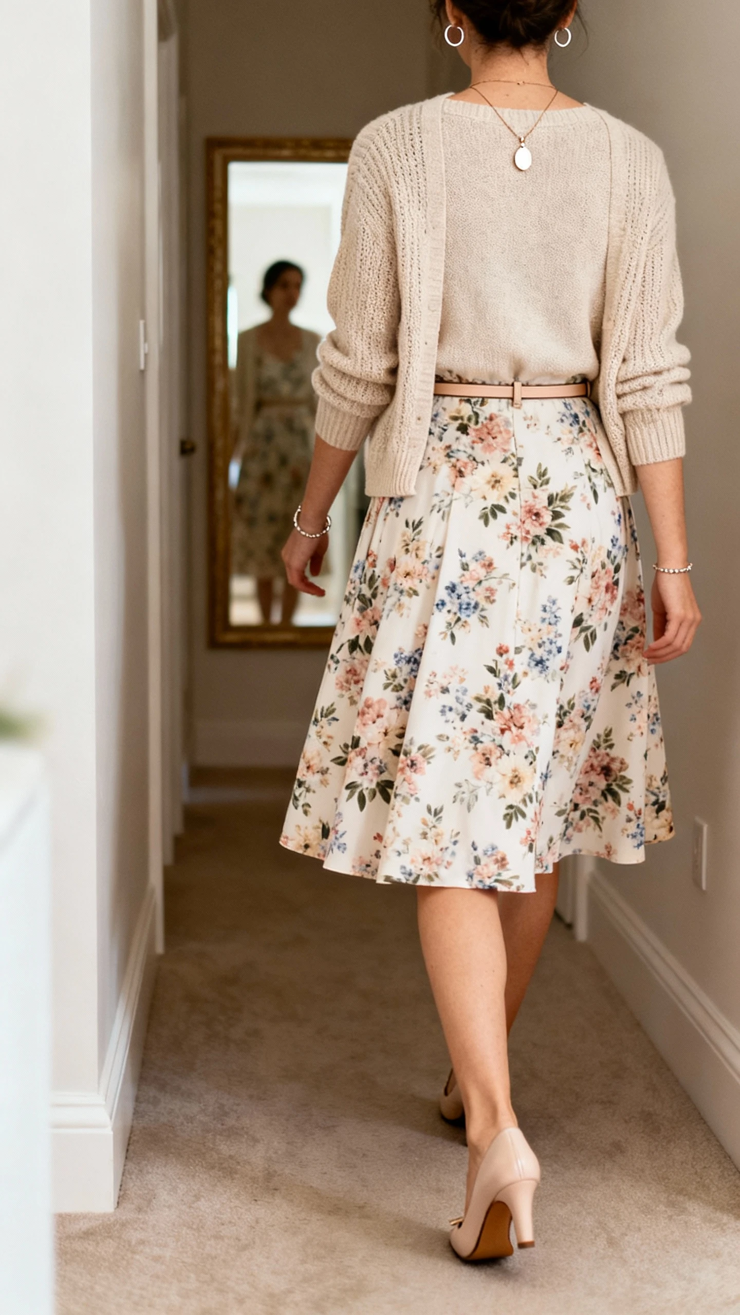 iPhone back/side view of a woman wearing a floral A-line dress with a fine-knit cardigan, kitten heels, a thin waist belt, pendant necklace, dainty bracelet, and small hoops, face not visible, walking pose toward a hallway mirror, soft indoor lighting, iPhone photo quality.