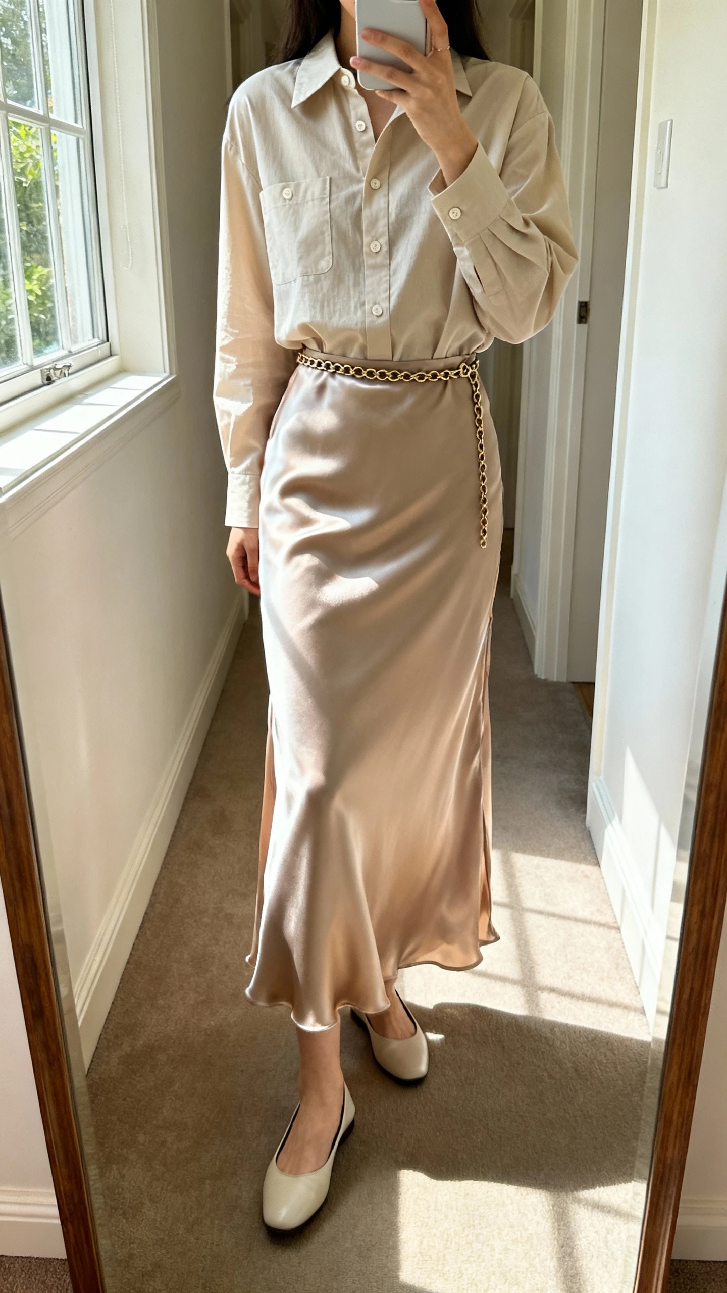 iPhone back-view hallway mirror shot of a woman wearing a satin maxi slip layered with a structured button-up shirt, delicate chain belt and sleek flats, face not visible, natural daylight from window, casual iPhone photo