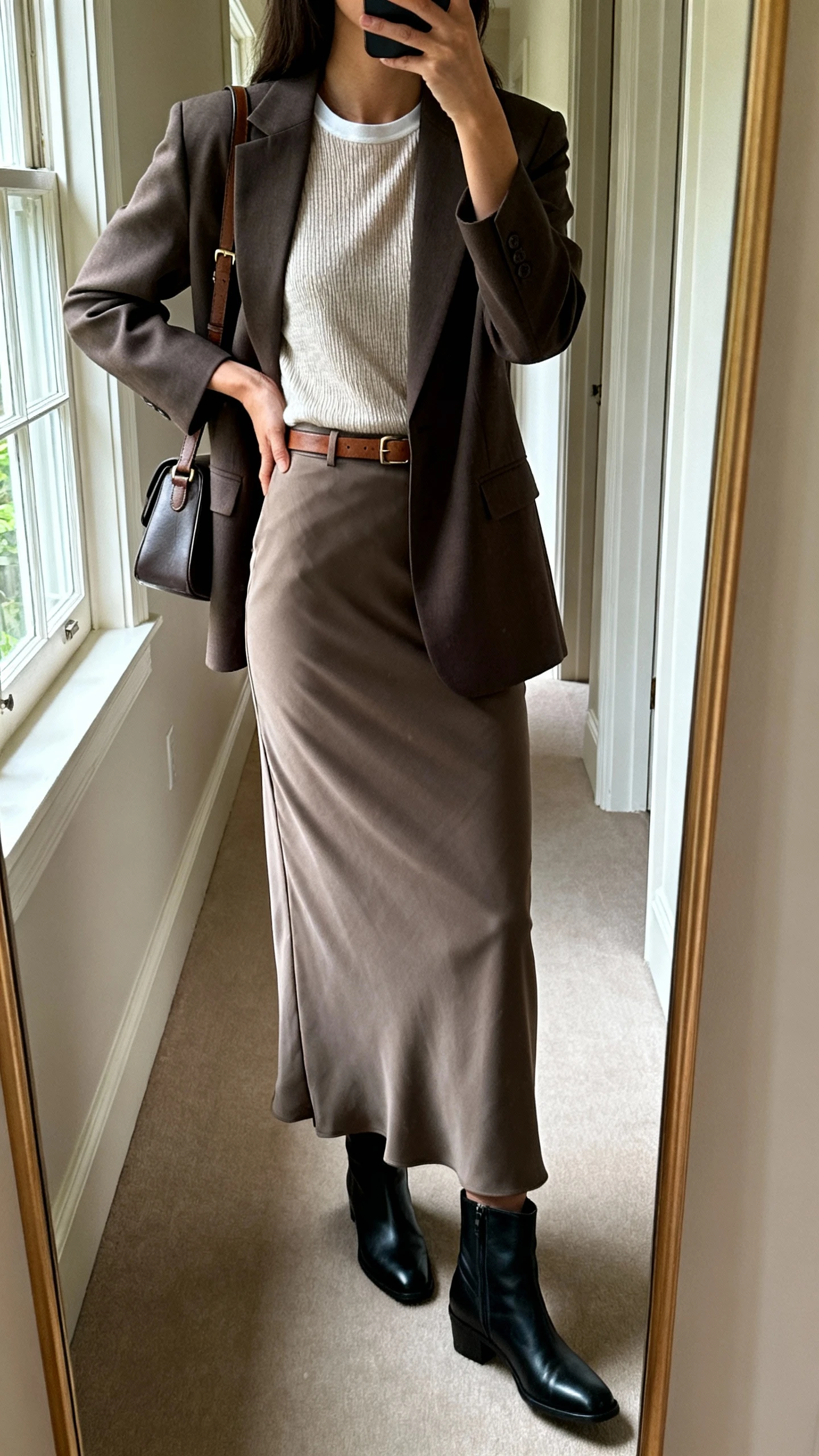 iPhone back-view mirror selfie of a woman wearing a tailored blazer over a bias-cut maxi skirt with a fine-knit tee, sleek ankle boots, thin leather belt, and a structured shoulder bag, face not visible, hallway mirror, natural window light, iPhone photo quality.