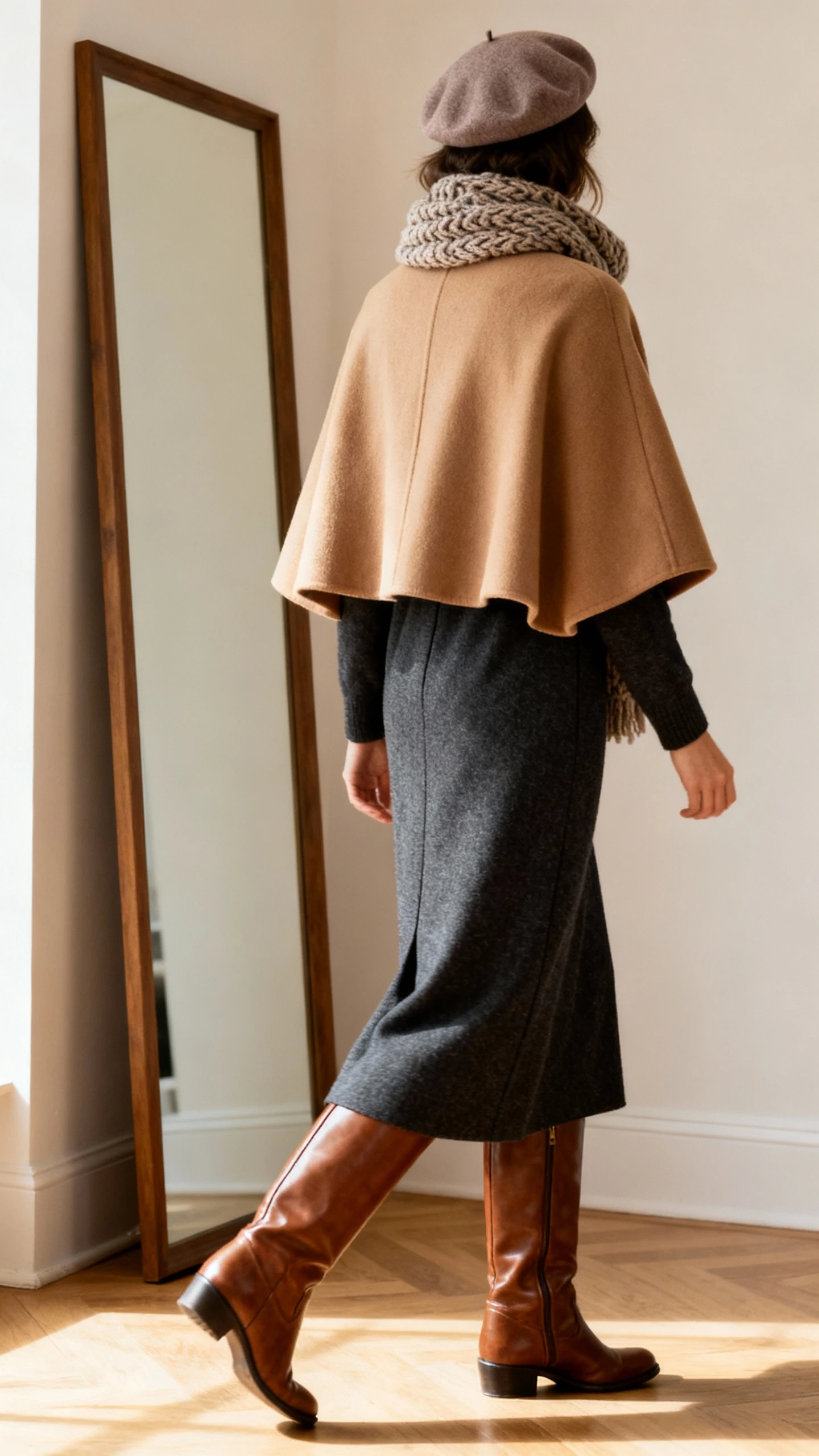 iPhone back view of a woman in a charcoal wool-blend long dress with a straight cut, camel cape-coat, tall brown leather riding boots, textured knit scarf and a taupe beret, face not visible, walking pose near full-length mirror, warm indoor lighting, iPhone photo quality.