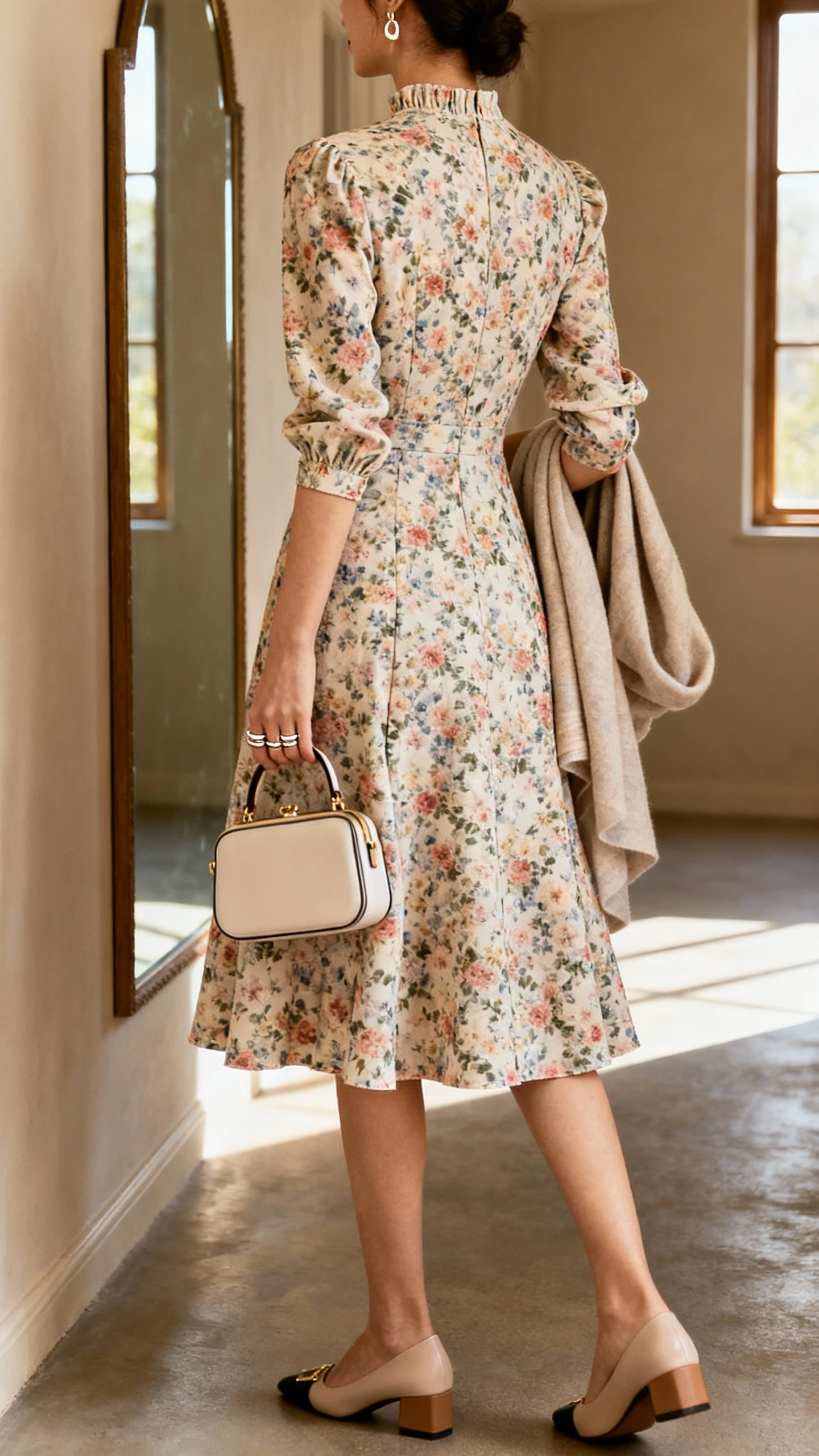 iPhone back view of a woman in a floral fit-and-flare midi dress with elbow sleeves and higher neckline, low block-heel pumps, compact top-handle bag, delicate earrings, and stackable rings; lightweight wrap over one arm, face not visible, hallway mirror, afternoon window light, iPhone photo quality.