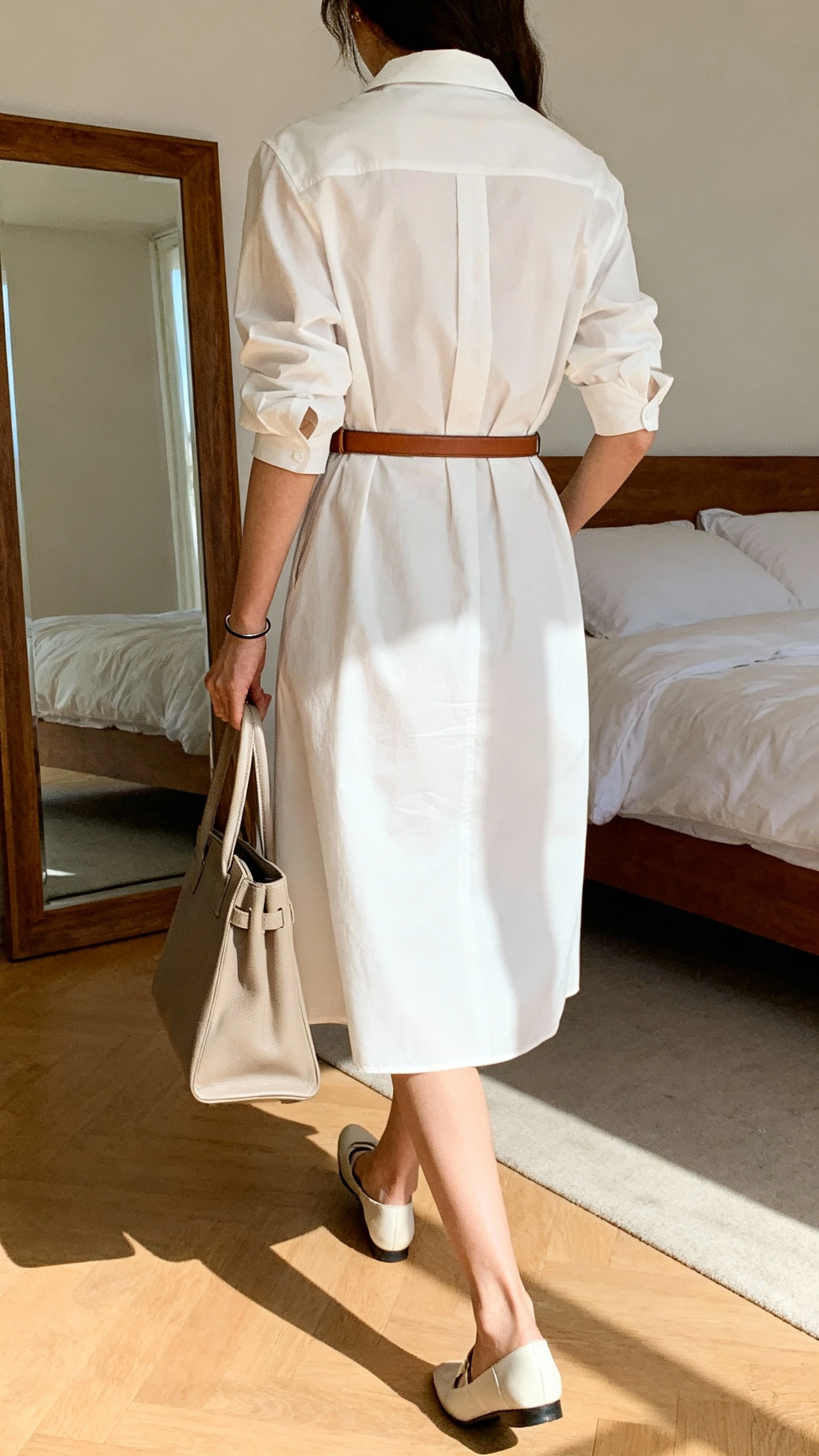 iPhone back view of a woman in an elevated shirt dress styled with clean accessories: slim leather belt, sleek flats, structured tote, and a thin bracelet, face not visible, walking pose, bedroom mirror, natural daylight, iPhone photo quality.