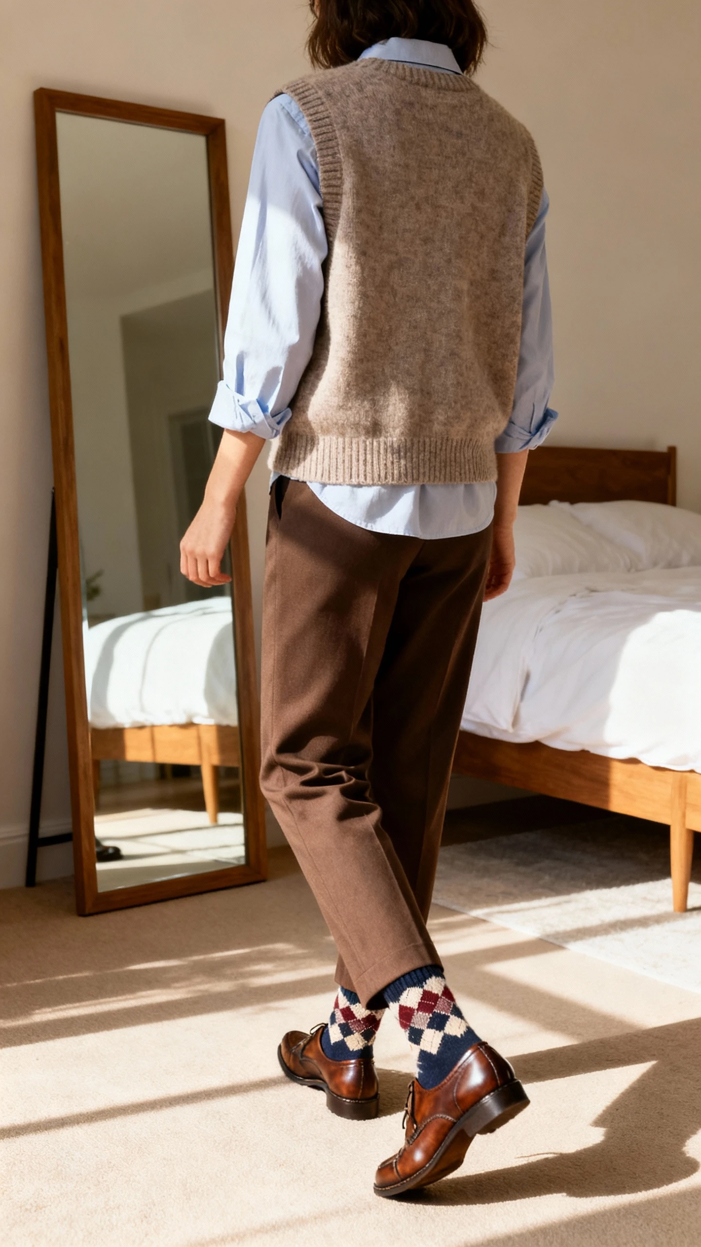 iPhone back view of a woman layering a sweater vest over an Oxford shirt with straight-leg trousers, penny loafers, and argyle socks peeking, face not visible, walking pose, bedroom mirror, natural daylight, iPhone photo quality