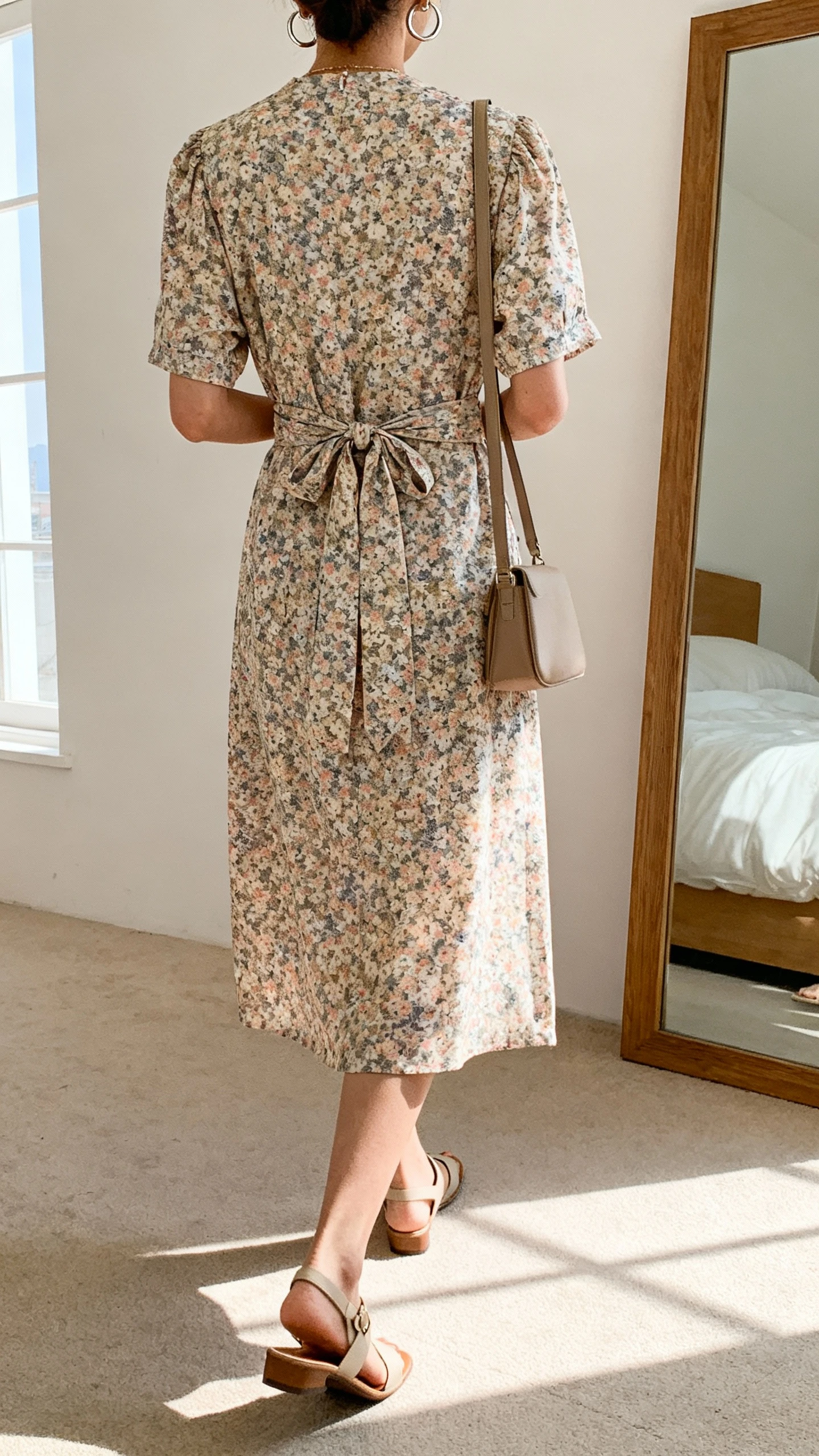 iPhone back view of a woman wearing a floral wrap dress tied at the waist, simple hoop earrings, crossbody bag, and low heeled sandals, face not visible, walking pose near a bedroom mirror with soft window light, iPhone photo quality
