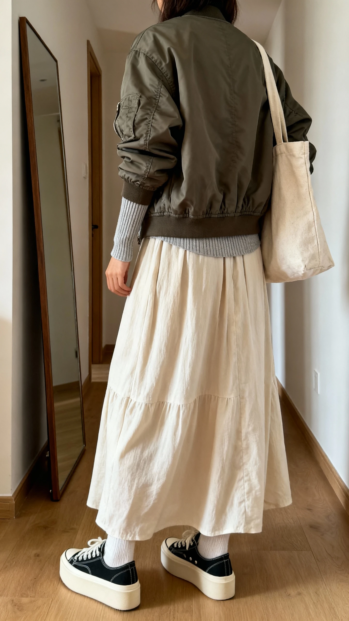 iPhone back view of a woman wearing a flowy maxi skirt, oversized bomber jacket, ribbed long-sleeve tee, platform sneakers, and a canvas tote, face not visible, hallway full-length mirror, morning natural light, iPhone photo quality.
