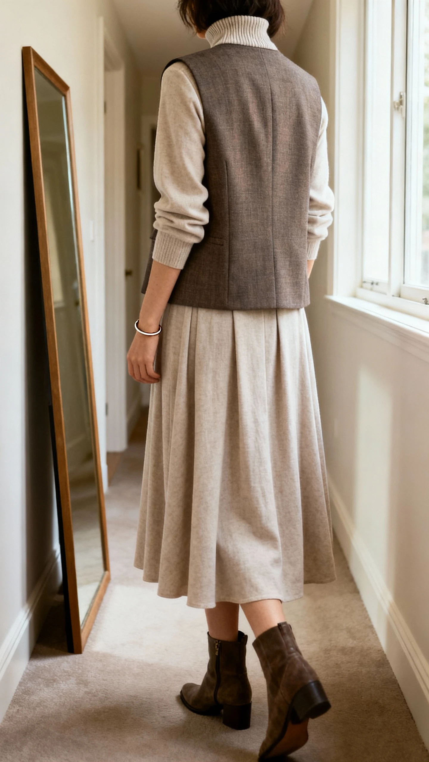 iPhone back view of a woman wearing a high-neck midi dress layered with a tailored vest, paired with ankle boots and a slim bracelet, face not visible, hallway full-length mirror, soft window light, iPhone photo quality