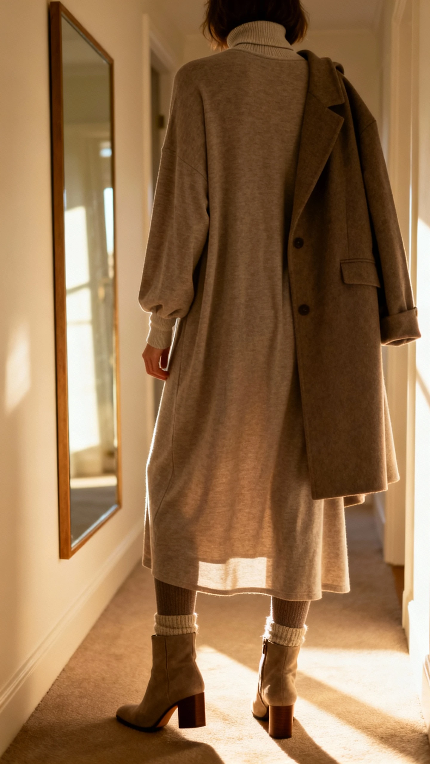 iPhone back view of a woman wearing a loose-fit long-sleeve maxi dress layered over a lightweight fitted turtleneck, ankle boots with block heel, cozy tights, and a structured coat over the shoulders, face not visible, hallway mirror with natural morning light, iPhone photo quality.