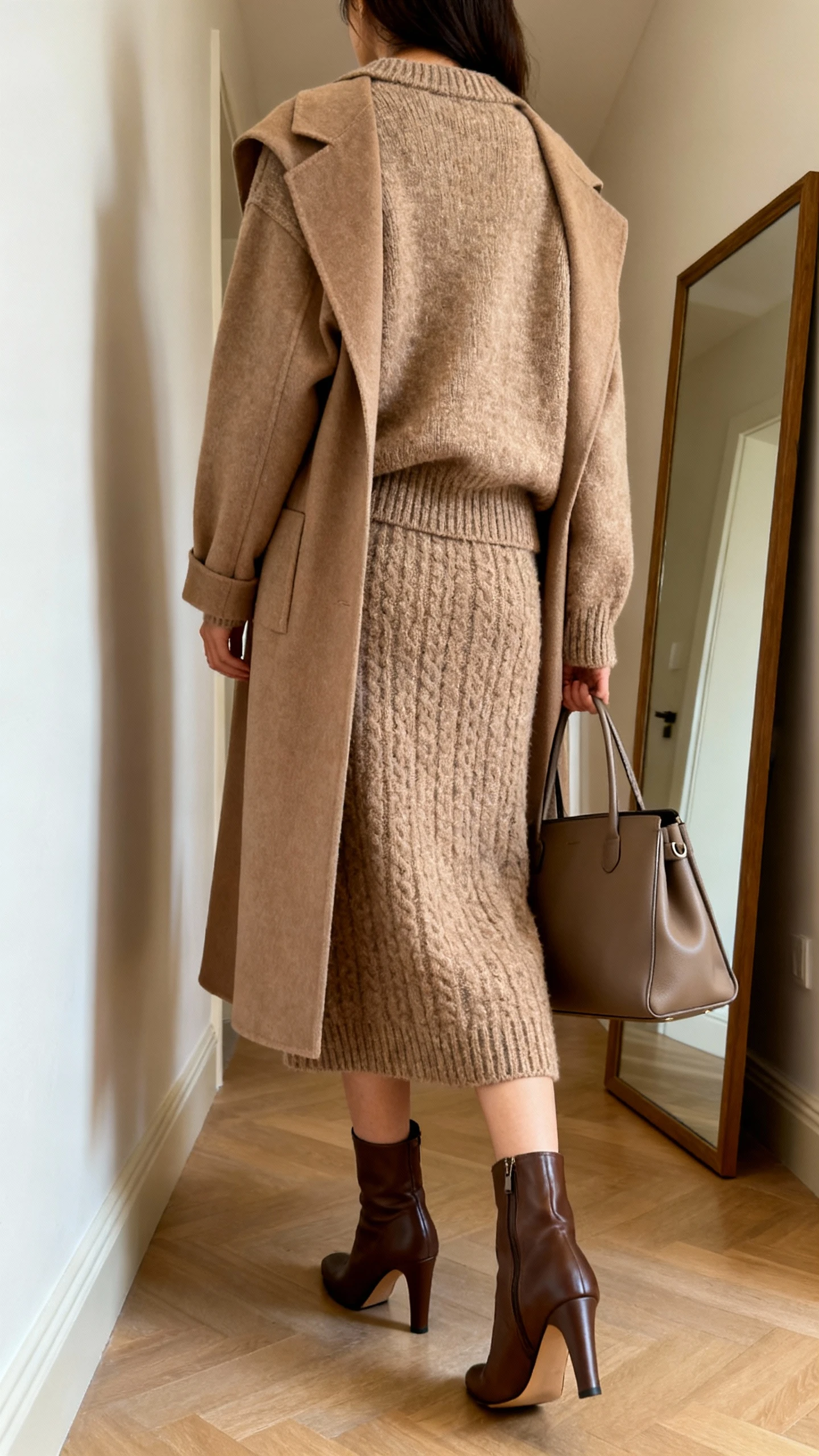iPhone back view of a woman wearing a matching knit set (cozy knit sweater and knit midi skirt) under a longline coat, heeled leather boots, and a structured tote, face not visible, hallway mirror, warm indoor lighting, casual iPhone photo.