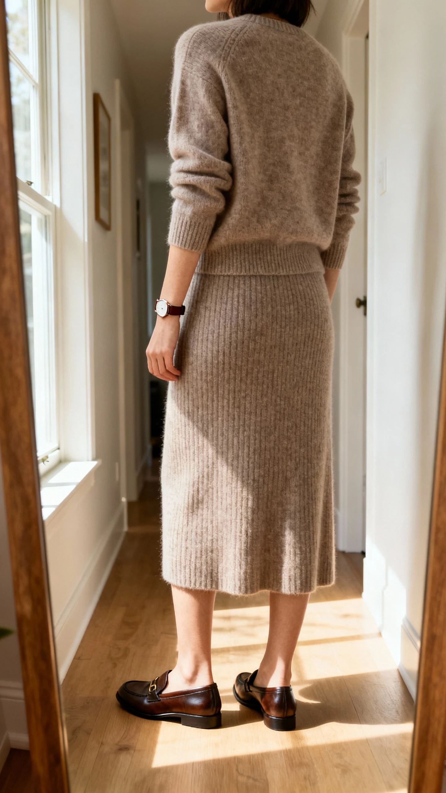 iPhone back view of a woman wearing a matching knit set (fine-knit sweater and midi knit skirt) with classic loafers and a slim leather watch, face not visible, hallway full-length mirror, soft afternoon window light, iPhone photo quality.