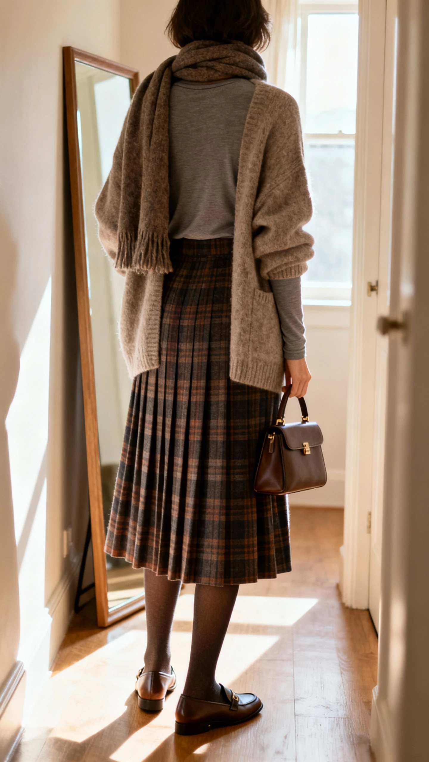 iPhone back view of a woman wearing a plaid pleated midi skirt, cozy oversized cardigan over a fitted long‑sleeve tee, wool scarf, opaque tights, loafers, and a small top‑handle bag; face not visible, hallway mirror, morning window light, casual iPhone photo.
