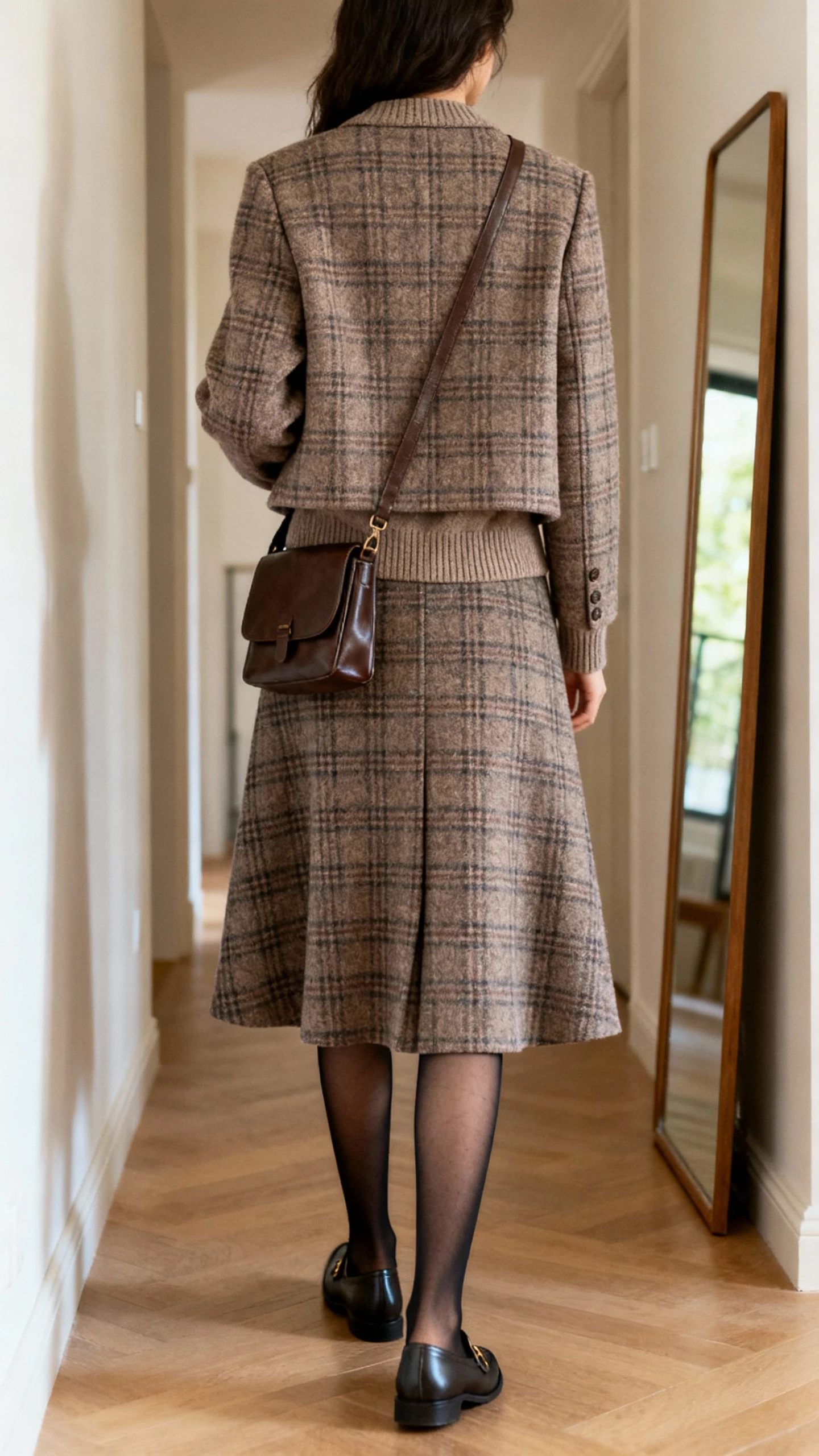 iPhone back view of a woman wearing a plaid wool skirt suit set (boxy jacket and A-line midi skirt) with a fine-gauge crewneck sweater, sheer black tights, loafers, and a leather crossbody, face not visible, hallway full-length mirror, soft indoor lighting, iPhone photo quality.