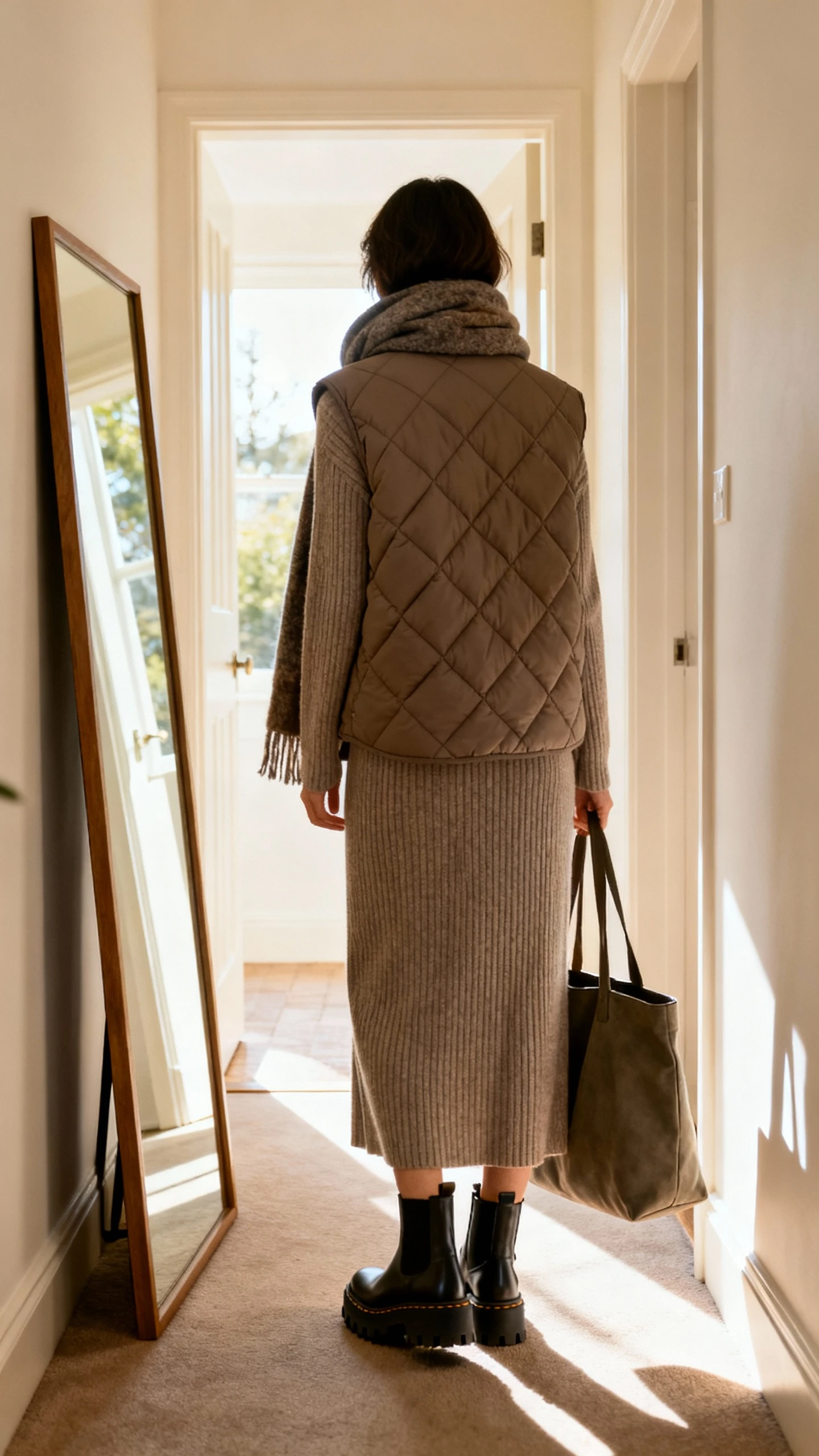 iPhone back view of a woman wearing a quilted vest layered over a ribbed knit maxi dress, cozy scarf, lug-sole Chelsea boots, and a practical tote, face not visible, hallway full-length mirror, natural daylight from doorway, casual iPhone photo