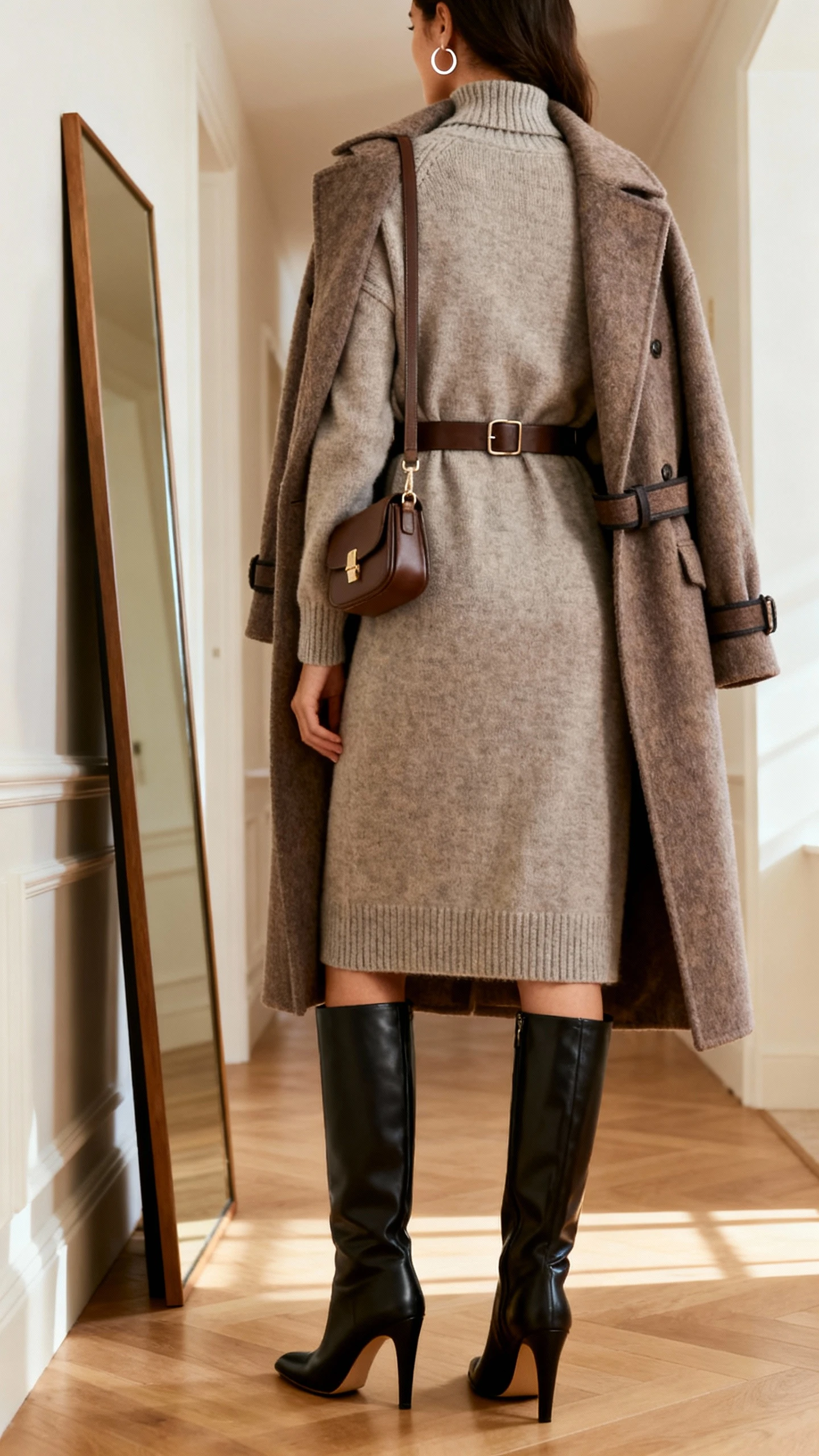 iPhone back view of a woman wearing a tailored sweater dress cinched with a belt under a belted wool coat, heeled knee-high boots, small crossbody bag, and minimalist hoop earrings, face not visible, hallway full-length mirror, soft indoor lighting, iPhone photo quality.