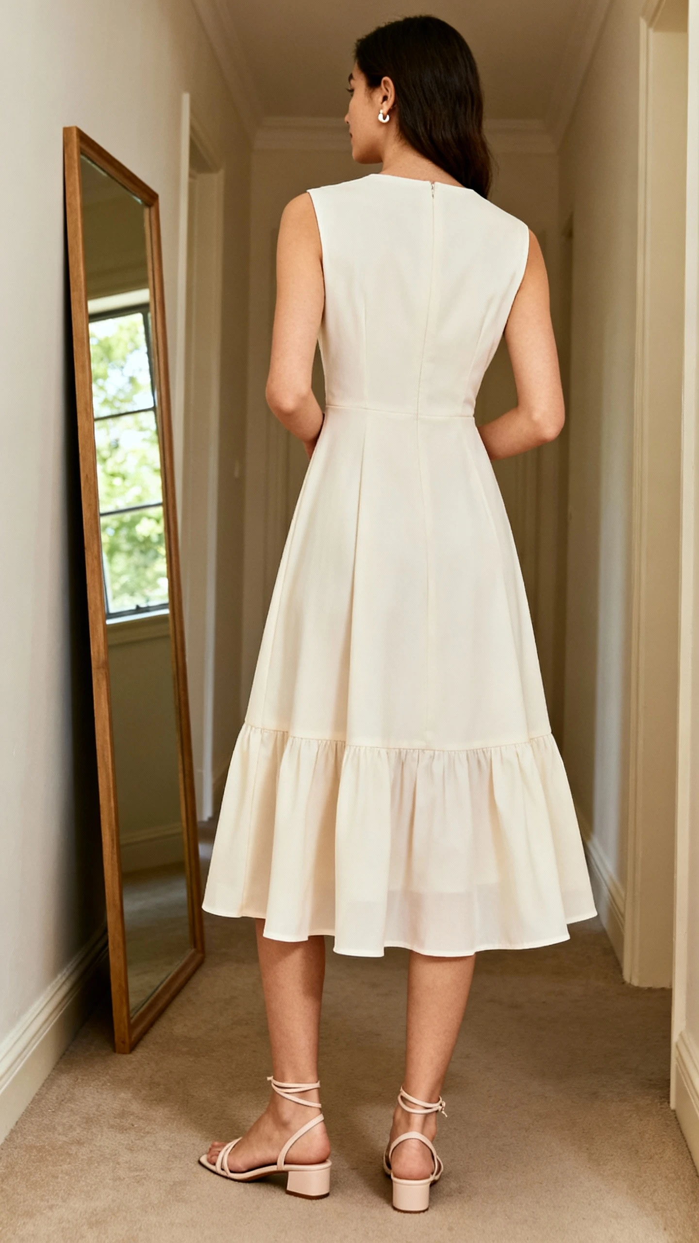 iPhone back view of a woman wearing an elegant A-line dress with a floaty hem, styled with delicate ankle-strap flats and simple stud earrings, face not visible, hallway full-length mirror, natural daylight from a window, iPhone photo quality.