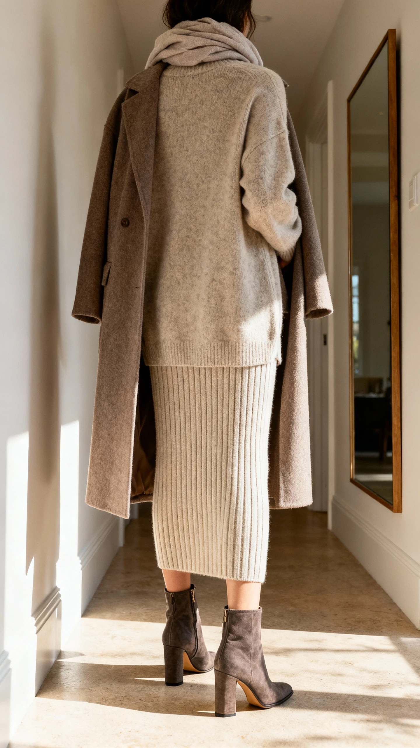 iPhone back view of a woman wearing an elevated knit column skirt with a tunic sweater, long wool coat layered over, heeled ankle boots, and a soft scarf, face not visible, hallway mirror, soft afternoon light, iPhone photo quality.