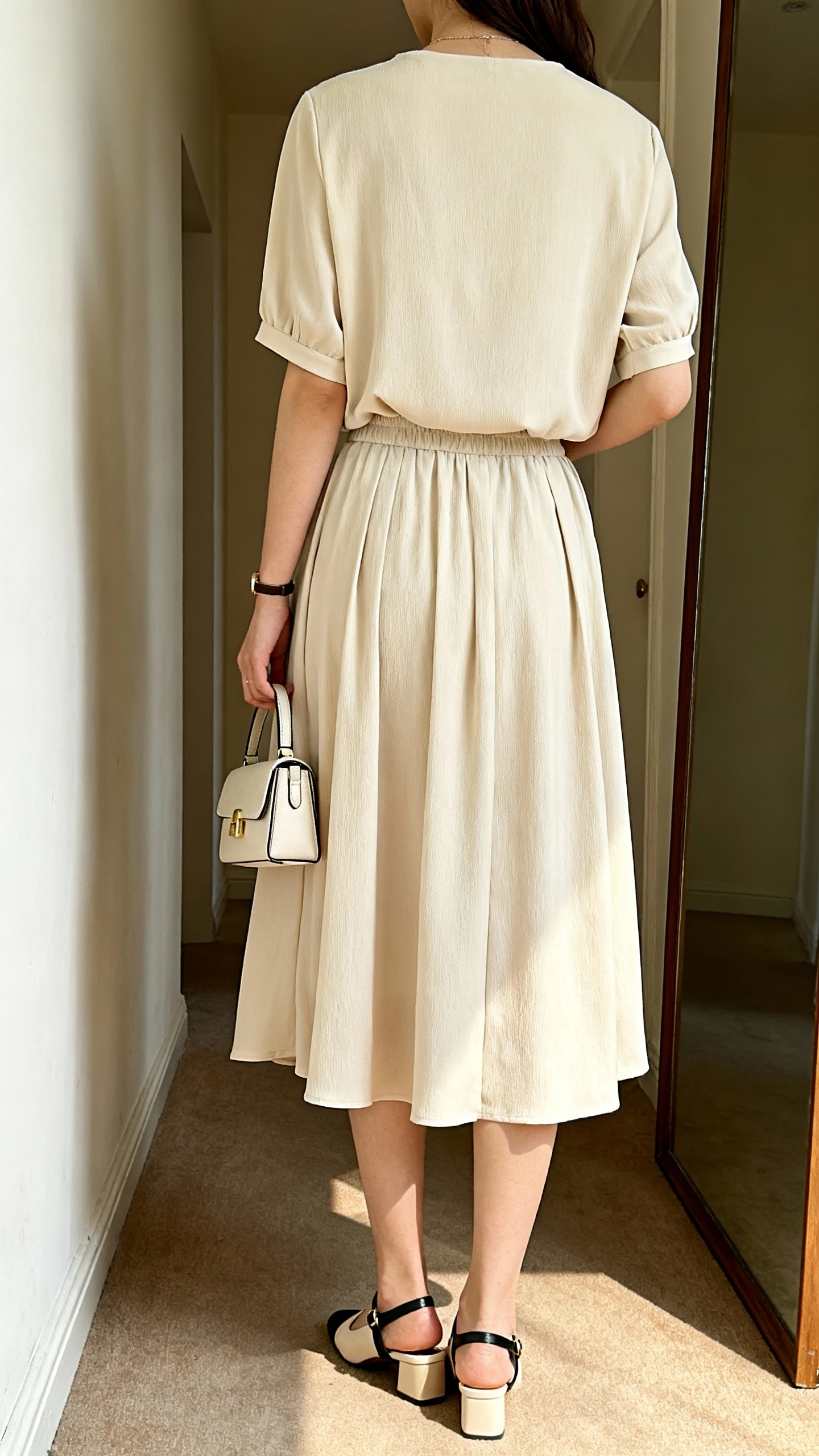 iPhone back view of a woman wearing an elevated two-piece skirt set: relaxed short-sleeve top and flowy midi skirt, modest cut, low slingback flats, small structured handbag, face not visible, hallway mirror, natural afternoon light, iPhone photo quality.