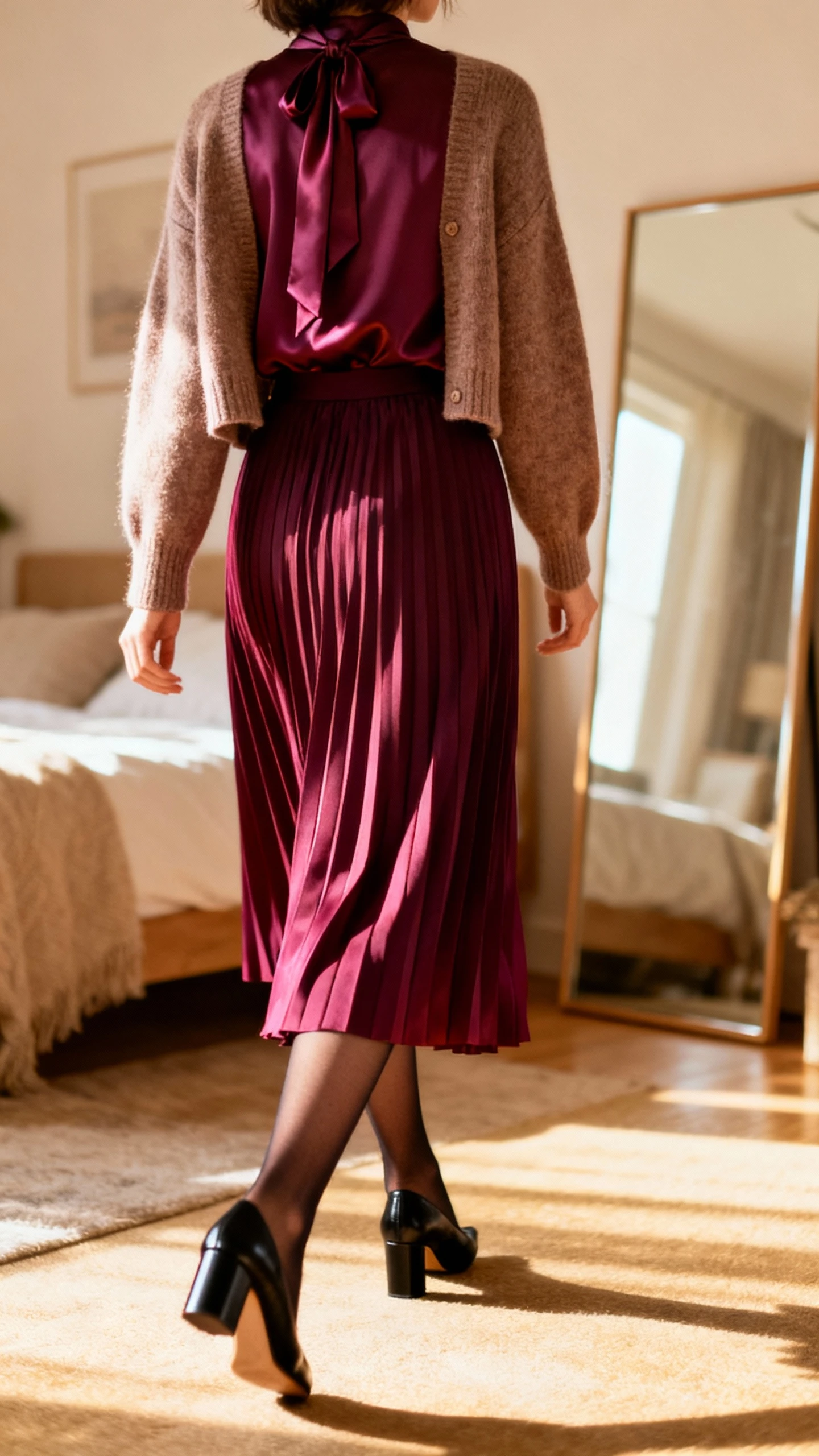 iPhone back view photo of a woman in a jewel-tone pleated midi skirt, silky tie-neck blouse, cropped cashmere cardigan, black block-heel pumps, and sheer tights; face not visible, walking pose toward a bedroom mirror, warm indoor afternoon light, iPhone photo quality.