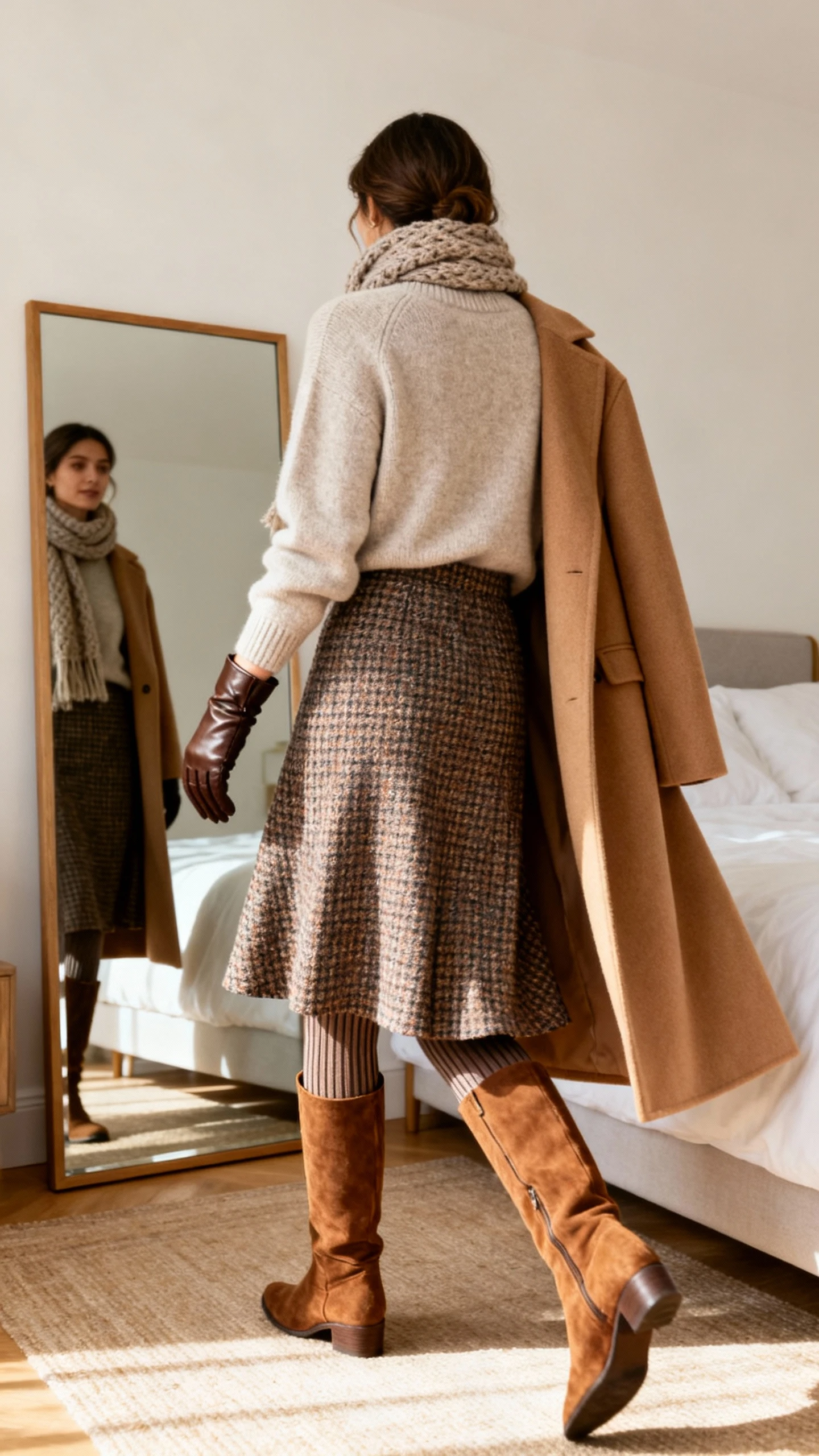 iPhone back-view photo of a woman in a tweed A-line midi skirt, oatmeal cashmere crewneck sweater, a long camel wool coat, suede knee-high boots, ribbed tights, leather gloves, and a knit scarf; face not visible, walking pose near bedroom mirror, soft indoor daylight, iPhone photo quality.