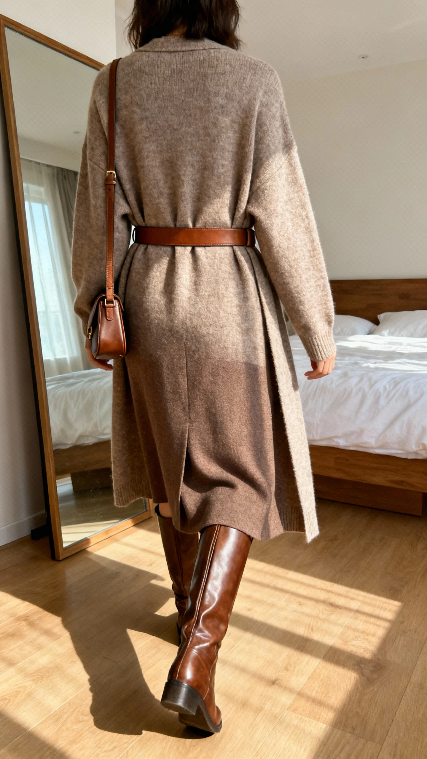 iPhone back-view photo of a woman wearing a belted long cardigan over a midi skirt, knee-high leather boots, slim leather belt, and a small shoulder bag, face not visible, walking pose in bedroom mirror with warm indoor lighting, iPhone photo quality.