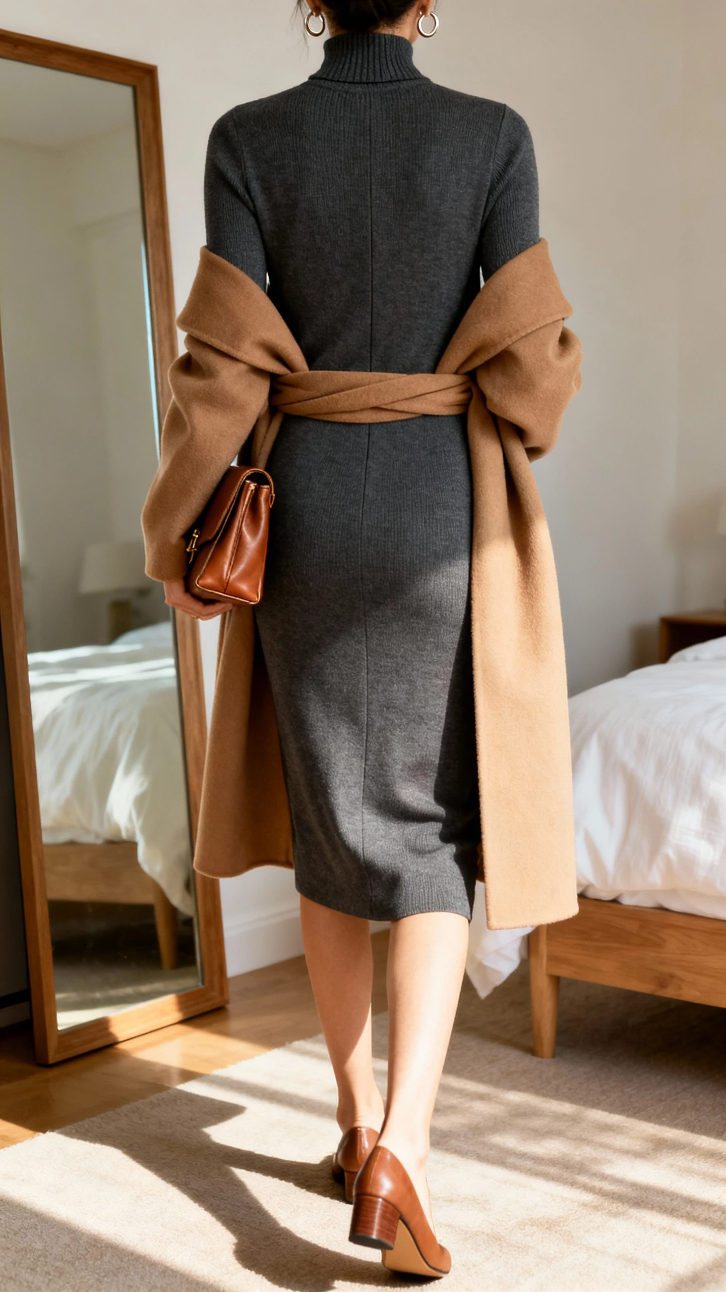 iPhone back view photo of a woman wearing a charcoal high-neck sheath dress with a camel wrap coat, low block heels, small hoop earrings, and a classic leather clutch, face not visible, walking pose by bedroom mirror, soft afternoon light, iPhone photo quality.