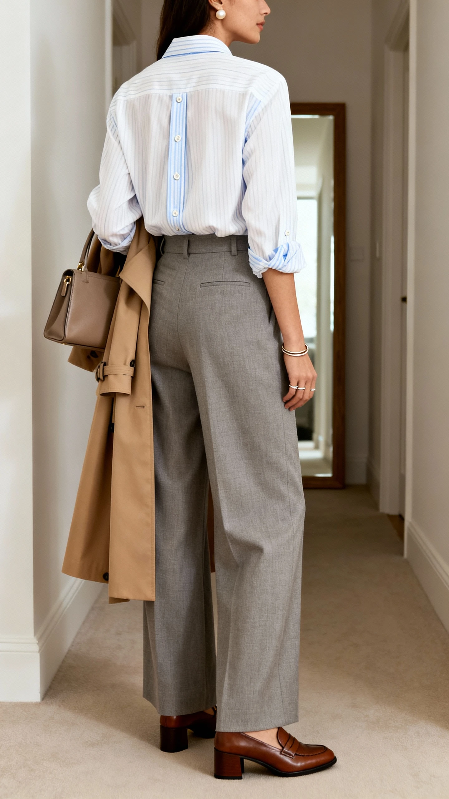 iPhone back-view photo of a woman wearing a cotton or silk button-up shirt (white, light blue, or striped), high-waisted full-length wide-leg trousers, a tailored trench coat in camel or stone, leather loafers or block-heel Mary Janes, a structured satchel, subtle pearl studs, and a thin ring stack; face not visible, hallway mirror, soft indoor lighting, iPhone photo quality.
