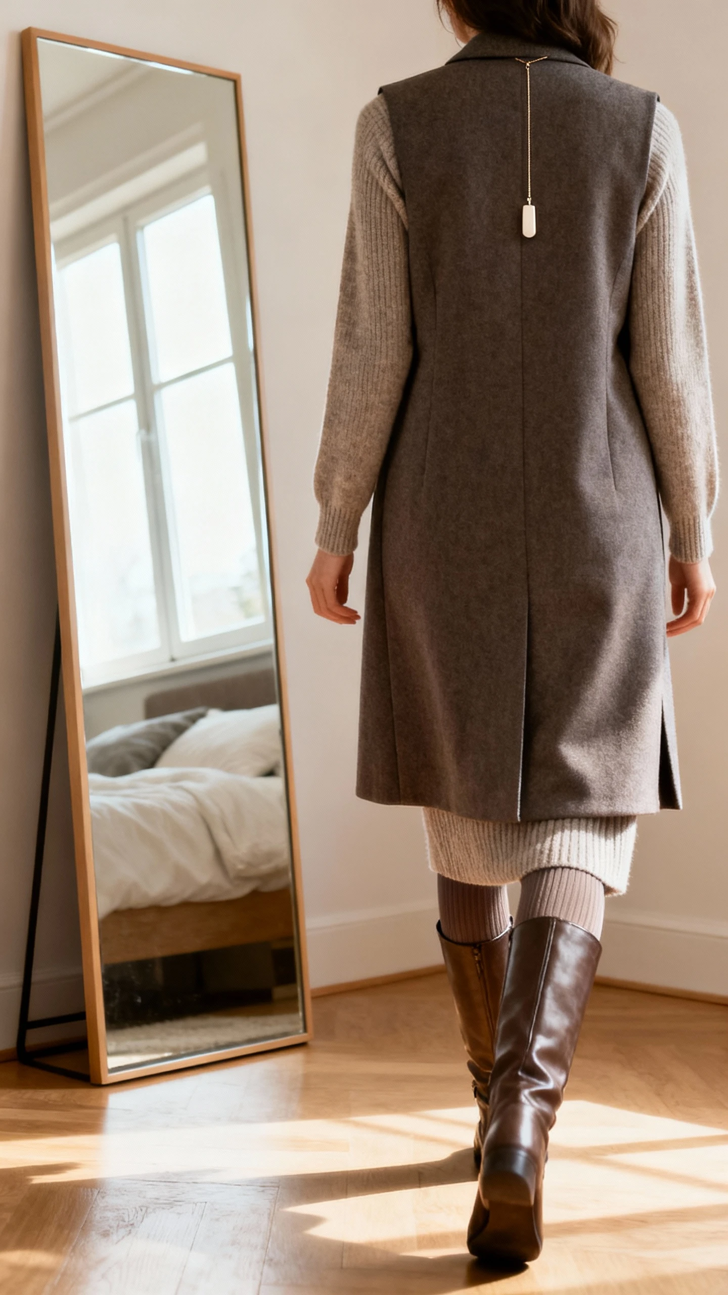 iPhone back-view photo of a woman wearing a long-sleeve midi sweater dress with a tailored longline vest, opaque thermal tights, refined knee-high boots, and a minimal long pendant necklace, face not visible, walking pose past a full-length mirror in a bedroom, natural window light, iPhone photo quality.