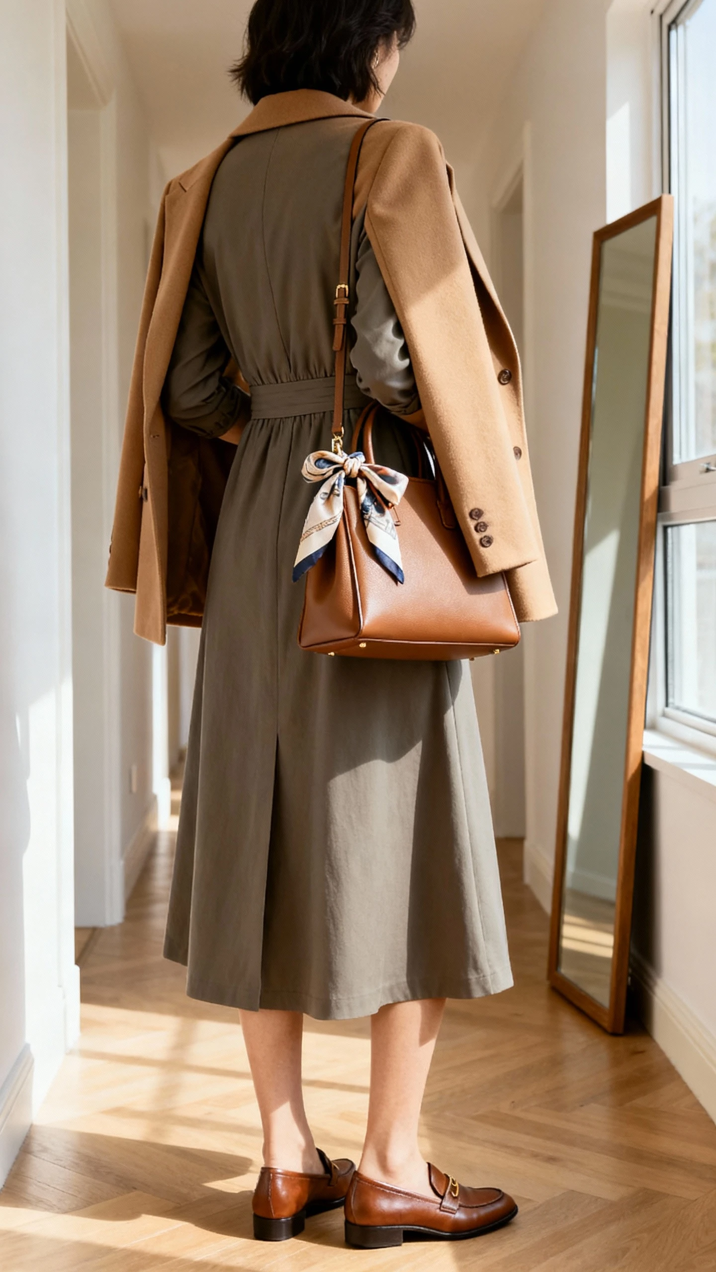 iPhone back-view photo of a woman wearing a midi dress with a defined waist and long sleeves, a camel tailored coat, leather loafers, a structured tote, and a silk scarf tied on the bag; face not visible, hallway full-length mirror, soft daylight from window, iPhone photo quality.