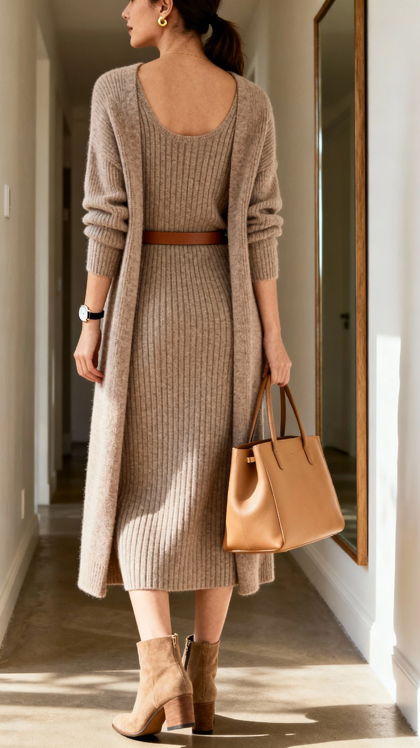 iPhone back-view photo of a woman wearing a ribbed knit midi dress with a modest neckline, a matching longline cardigan, low-heel ankle boots, a minimalist leather belt, gold stud earrings, a slim watch, and a structured camel tote, face not visible, hallway mirror, natural afternoon light, iPhone photo quality.