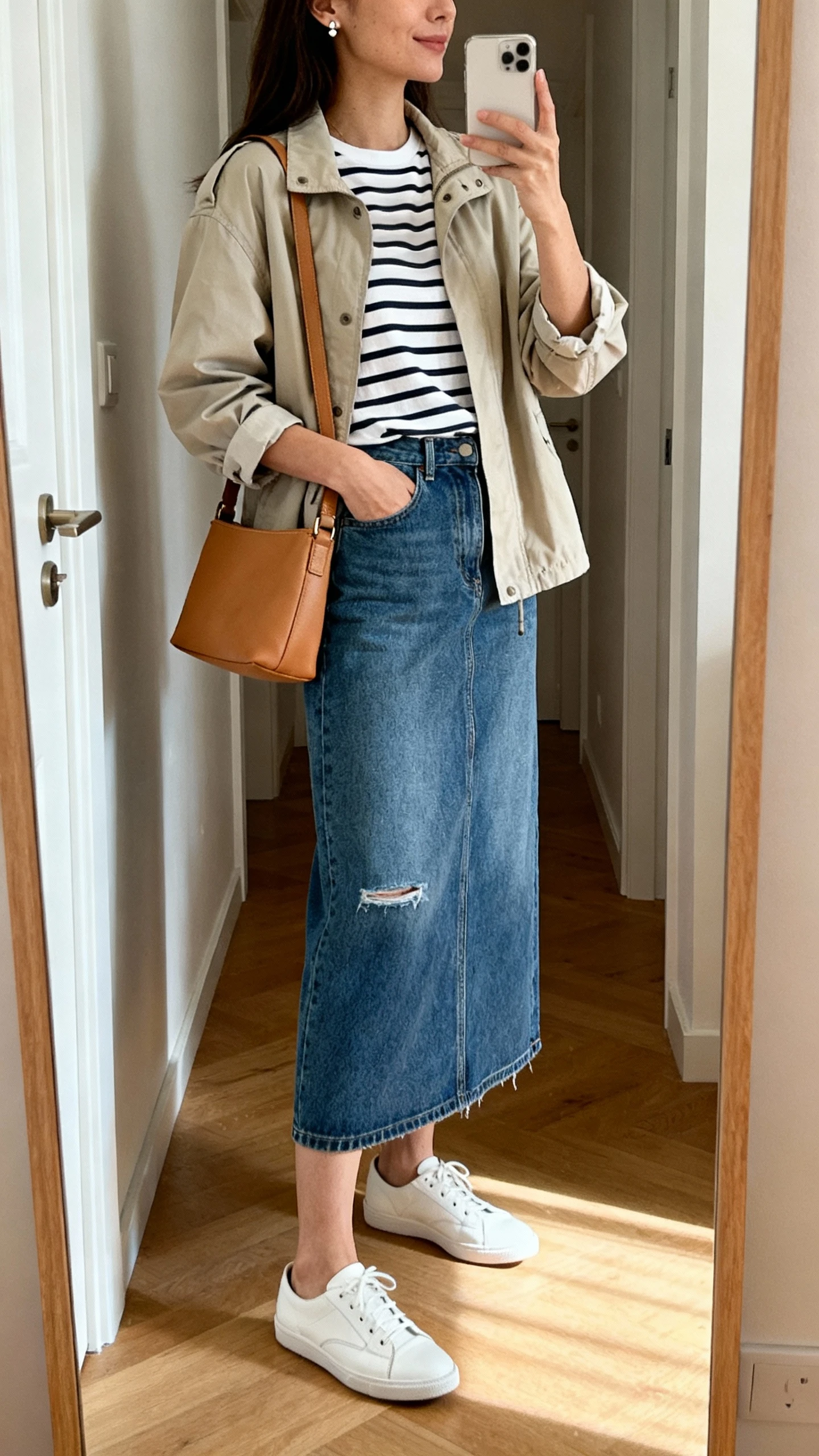 iPhone mirror selfie of a woman in a denim maxi skirt (minimal distressing, straight fit), striped Breton tee, white leather sneakers, camel crossbody bag, lightweight utility jacket, and simple stud earrings, face not visible, side angle in a hallway full-length mirror, indoor morning light, iPhone photo quality.