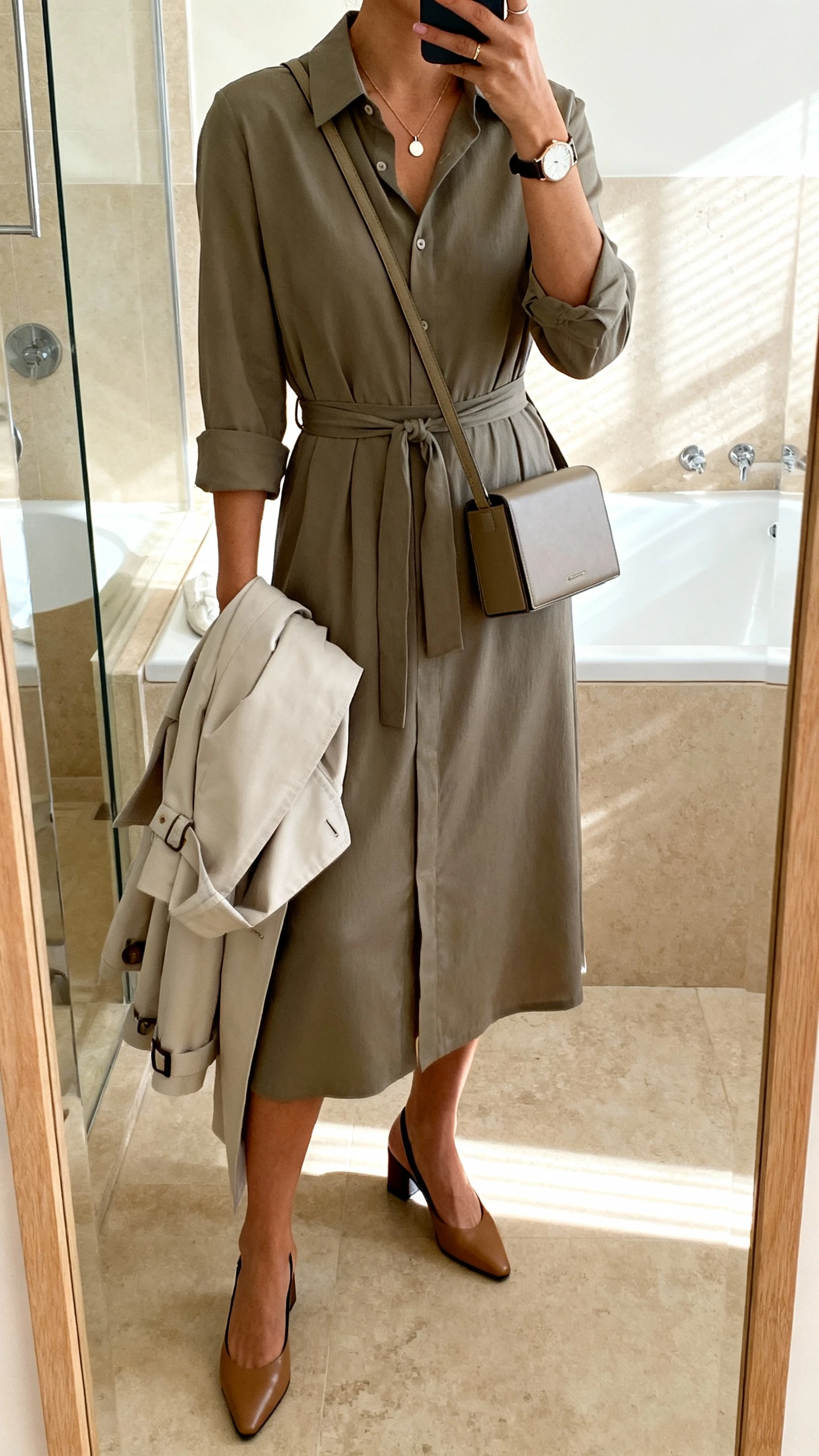 iPhone mirror selfie of a woman in a midi shirt dress with a defined waist and self-tie belt, slingback flats, boxy crossbody, simple pendant necklace, and a watch; light trench coat draped over arm, face not visible, bathroom mirror, morning light, iPhone photo quality.