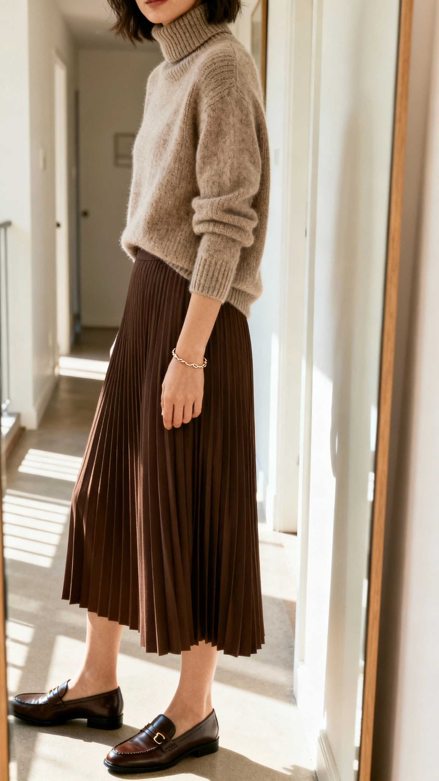 iPhone mirror selfie of a woman in a pleated midi skirt paired with a mock-neck knit sweater, delicate bracelet, classic loafers, face not visible, side angle in a hallway mirror, indoor daylight, iPhone photo quality.