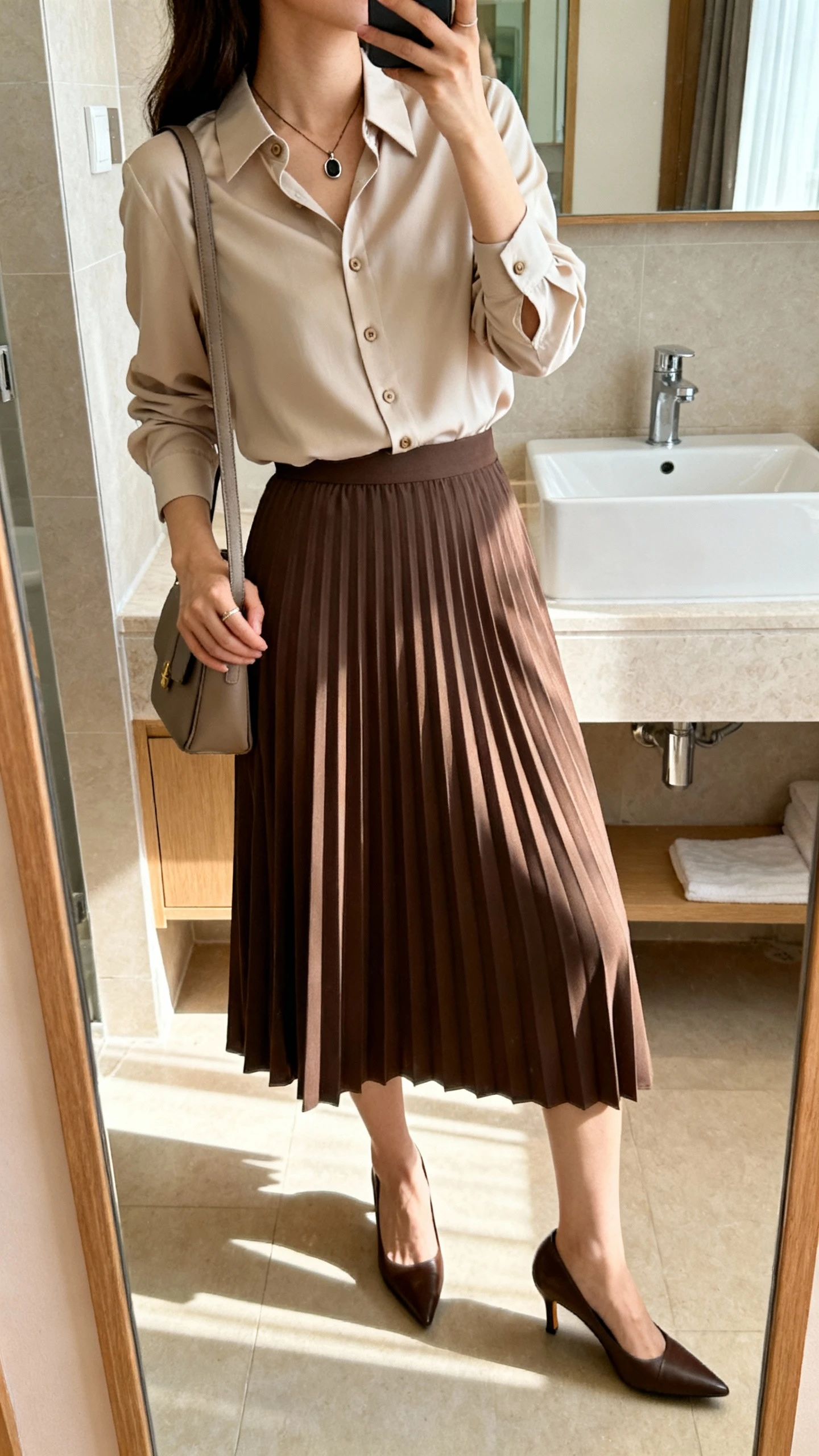 iPhone mirror selfie of a woman in a polished button-up blouse tucked into a pleated midi skirt, classic pumps, simple pendant necklace, and a modest shoulder bag, face not visible, side angle, bathroom mirror, morning light, iPhone photo quality.