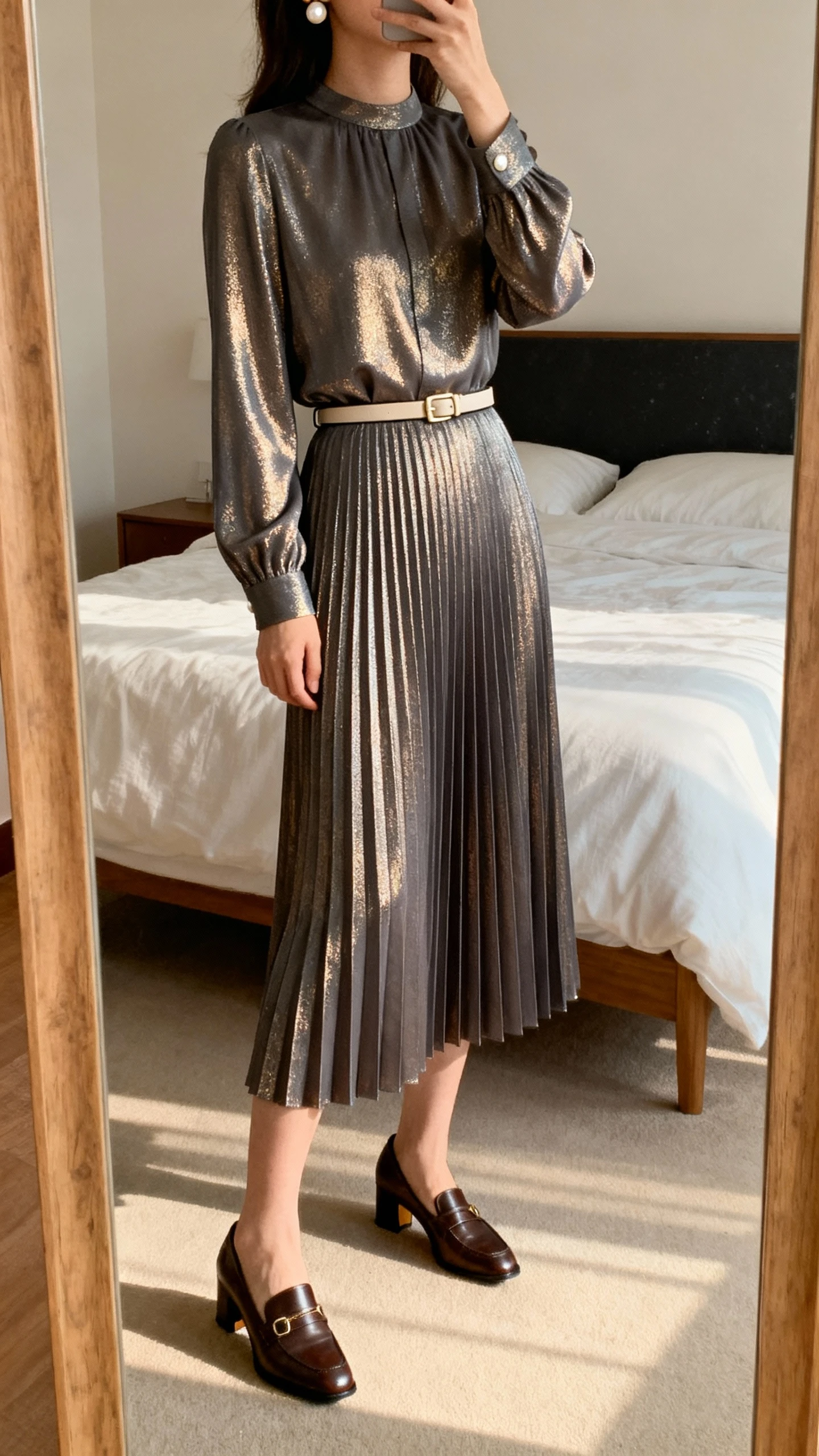 iPhone mirror selfie of a woman in a polished pleated skirt dress with subtle shine and long sleeves, paired with a slim waist belt, pearl studs, and classic heeled loafers, face not visible, cropped at shoulders, bedroom mirror, soft afternoon light, iPhone photo quality.