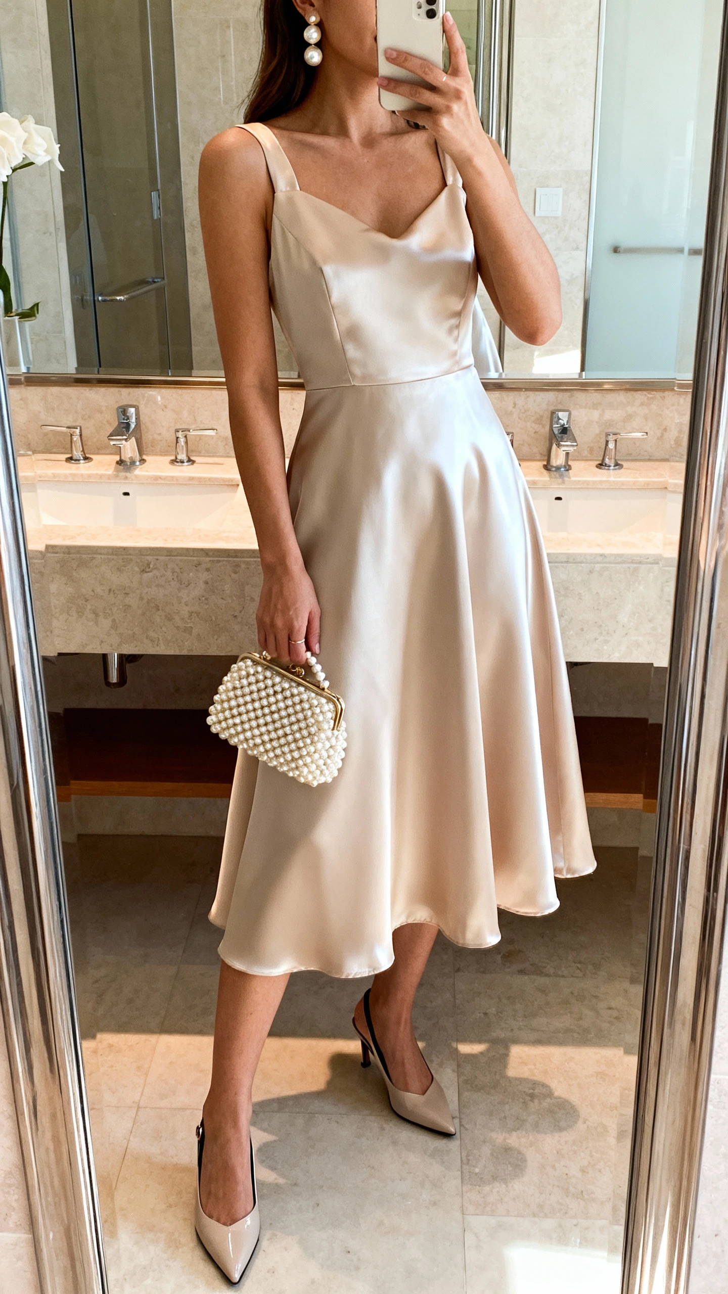 iPhone mirror selfie of a woman in a satin A-line dress with pearl earrings, a pearl-accented clutch, and sleek slingback heels, face not visible, bathroom full-length mirror, morning light, iPhone photo quality