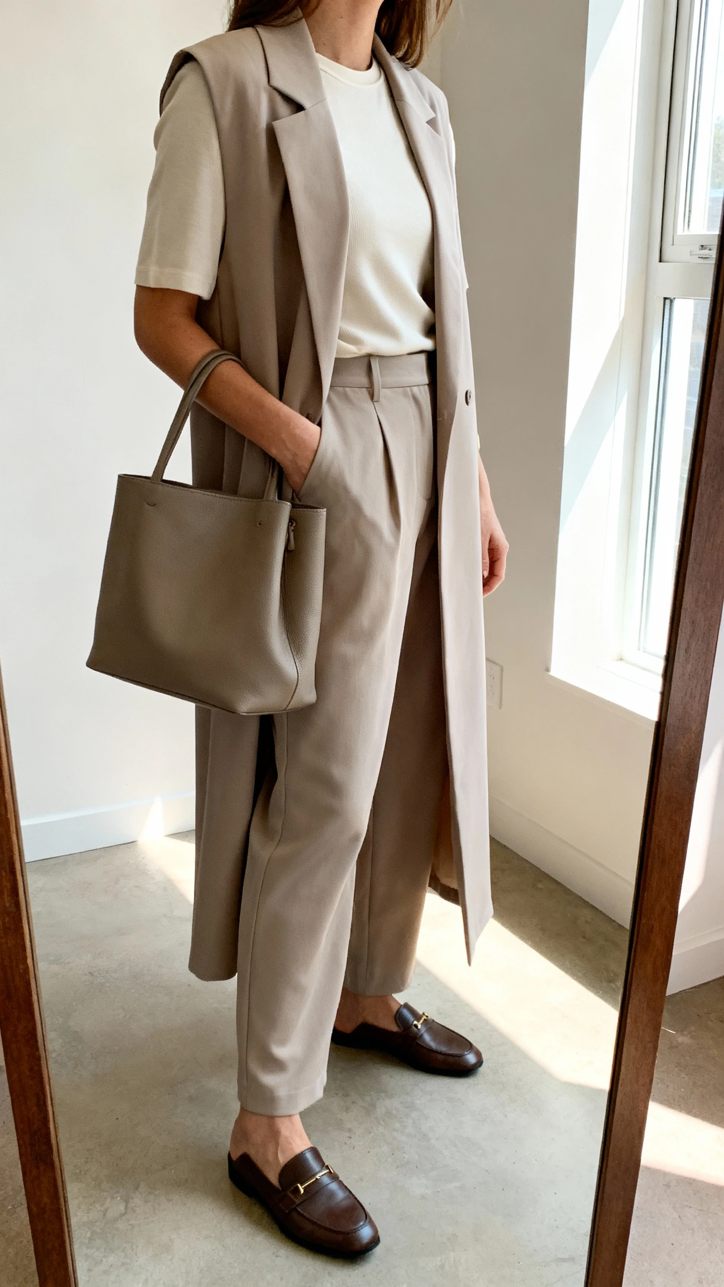 iPhone mirror selfie of a woman in a soft suit: relaxed trousers with a longline vest over a simple shell top, loafers, and a structured tote; face not visible, side angle, full-length mirror near window light, iPhone photo quality.