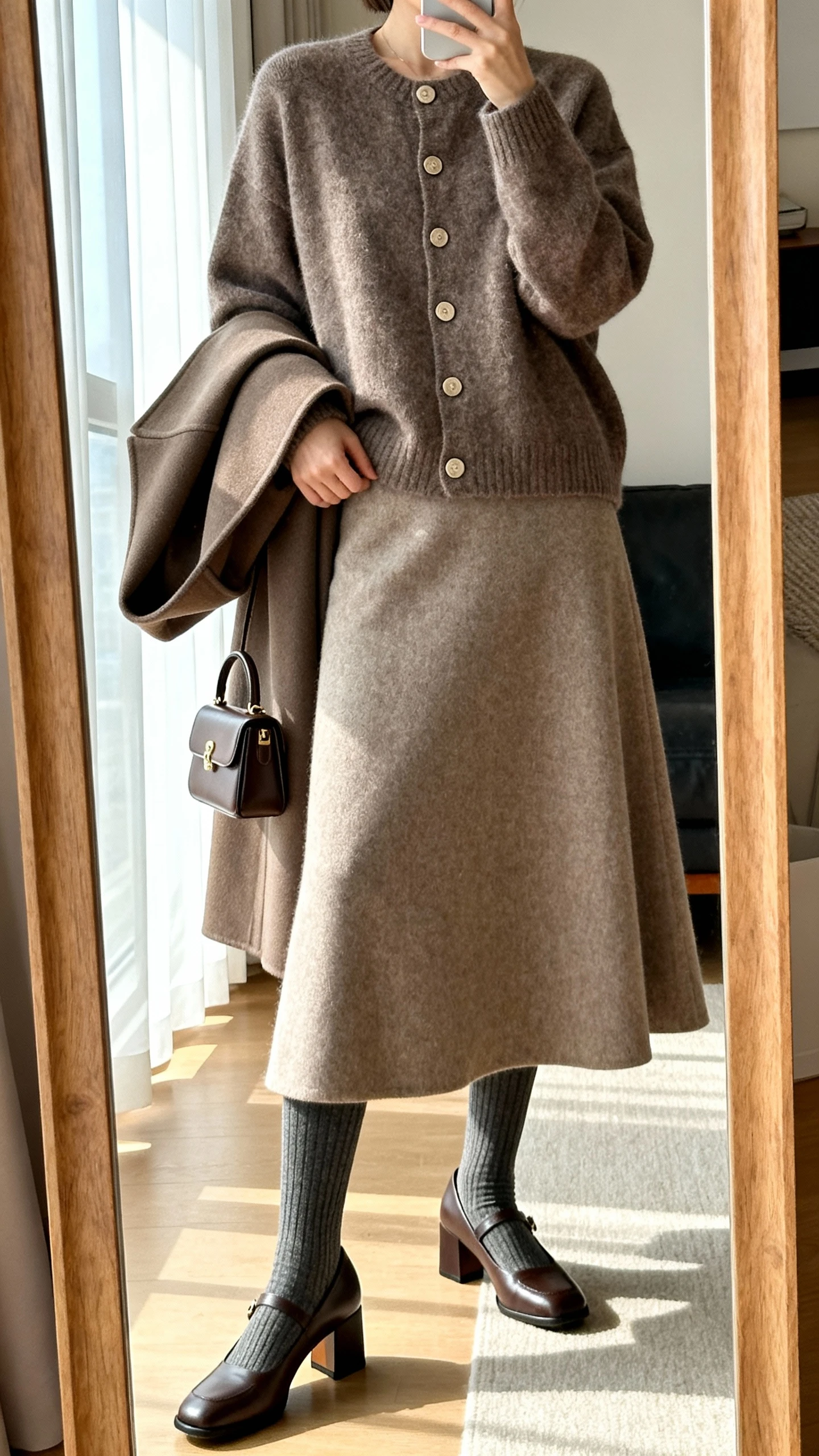 iPhone mirror selfie of a woman in an oversized button-front cardigan, soft wool A-line midi skirt, Mary Janes with block heel, wool-blend tights, a collarless coat, and a small top-handle mini bag, face not visible, cropped at neck, full-length mirror in living room with window light, iPhone photo quality.