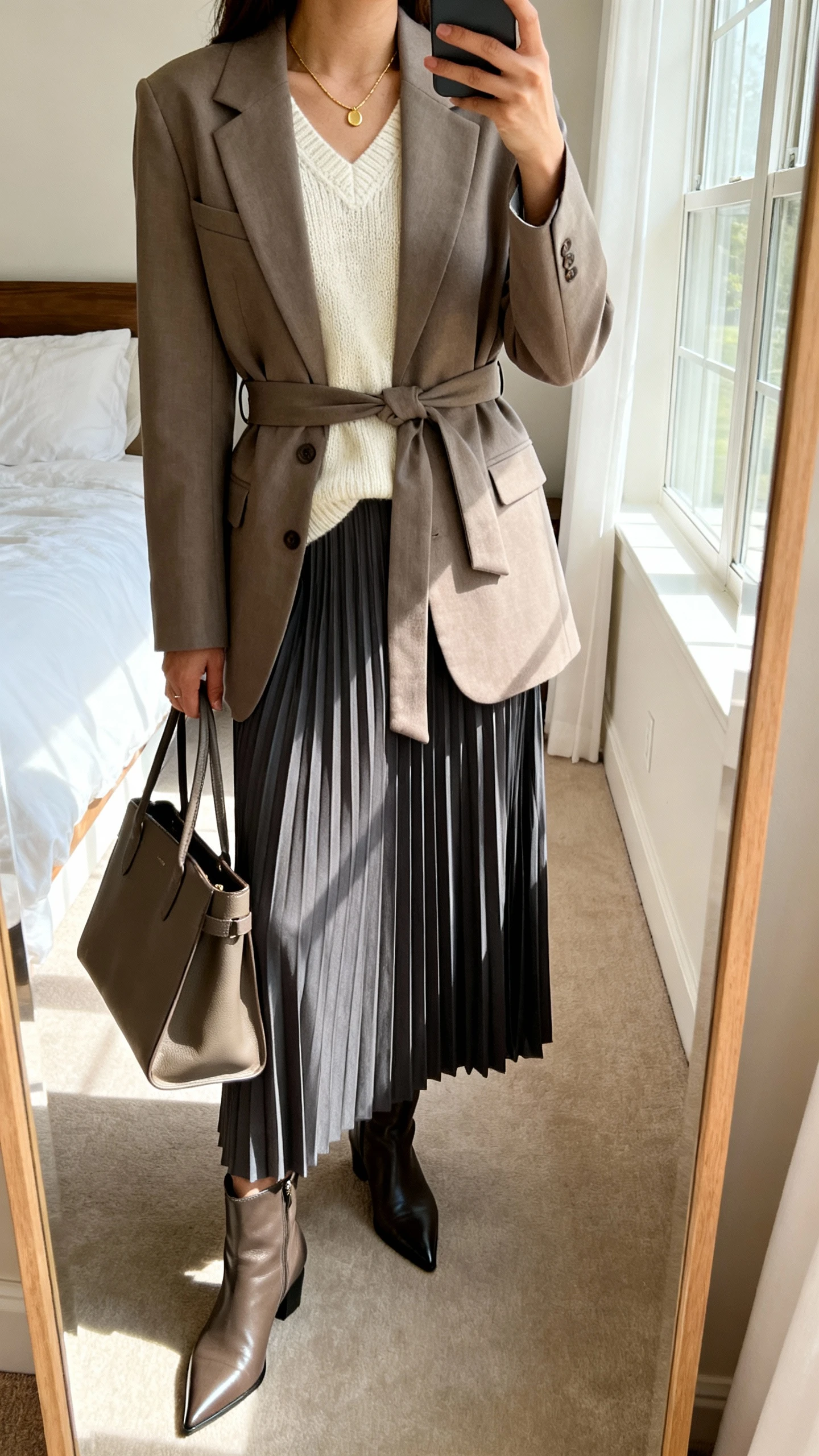 iPhone mirror selfie of a woman wearing a belted taupe blazer over a cream knit, charcoal pleated maxi skirt, pointed-toe leather ankle boots, minimal gold necklace, and a structured tote, face not visible, cropped at neck, bedroom mirror, afternoon window light, iPhone photo quality.