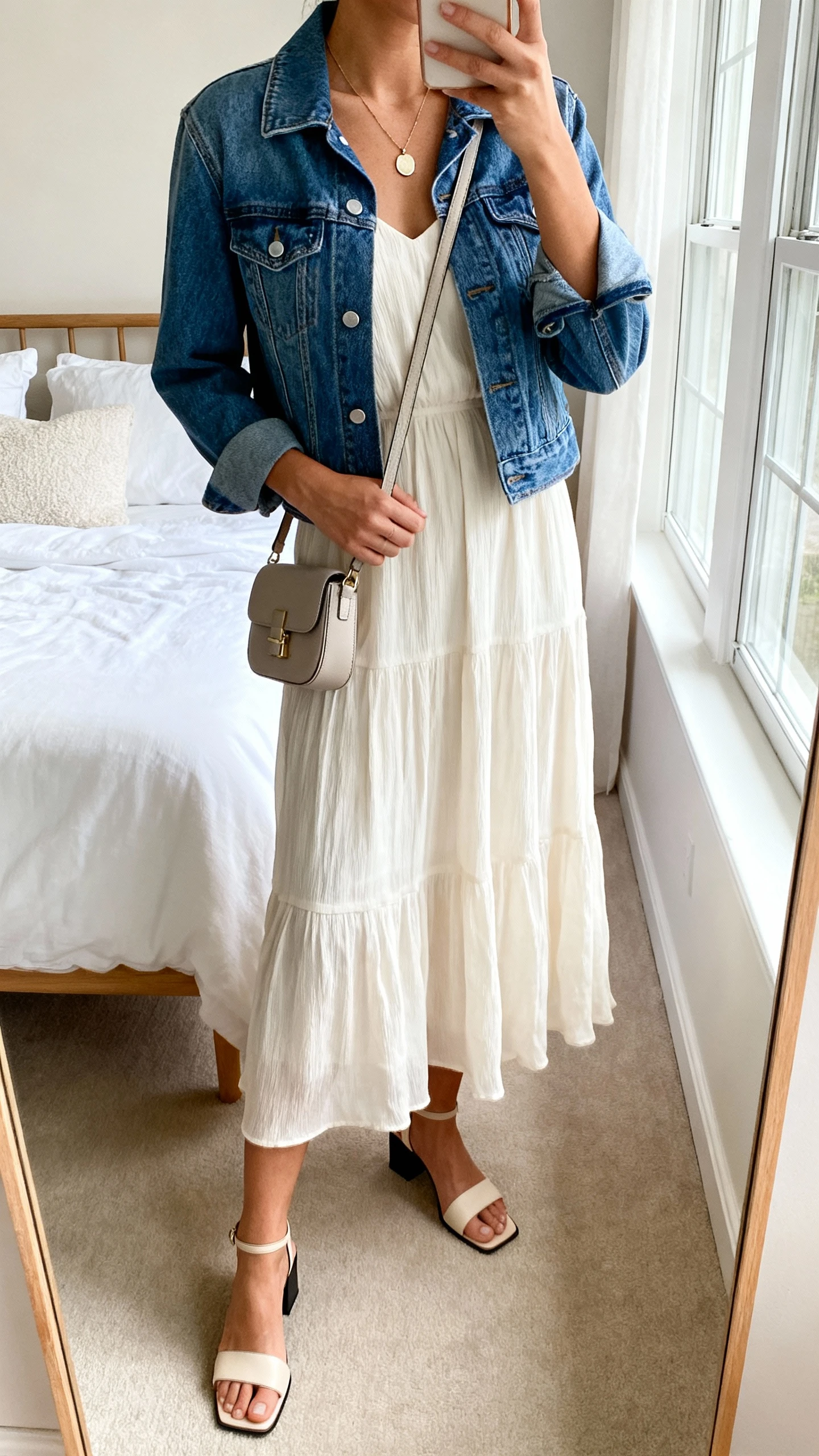 iPhone mirror selfie of a woman wearing a breezy midi dress with a denim jacket, simple pendant necklace, low block-heel sandals, and a small crossbody bag, face not visible, cropped at neck, bedroom mirror, natural window light, iPhone photo quality.
