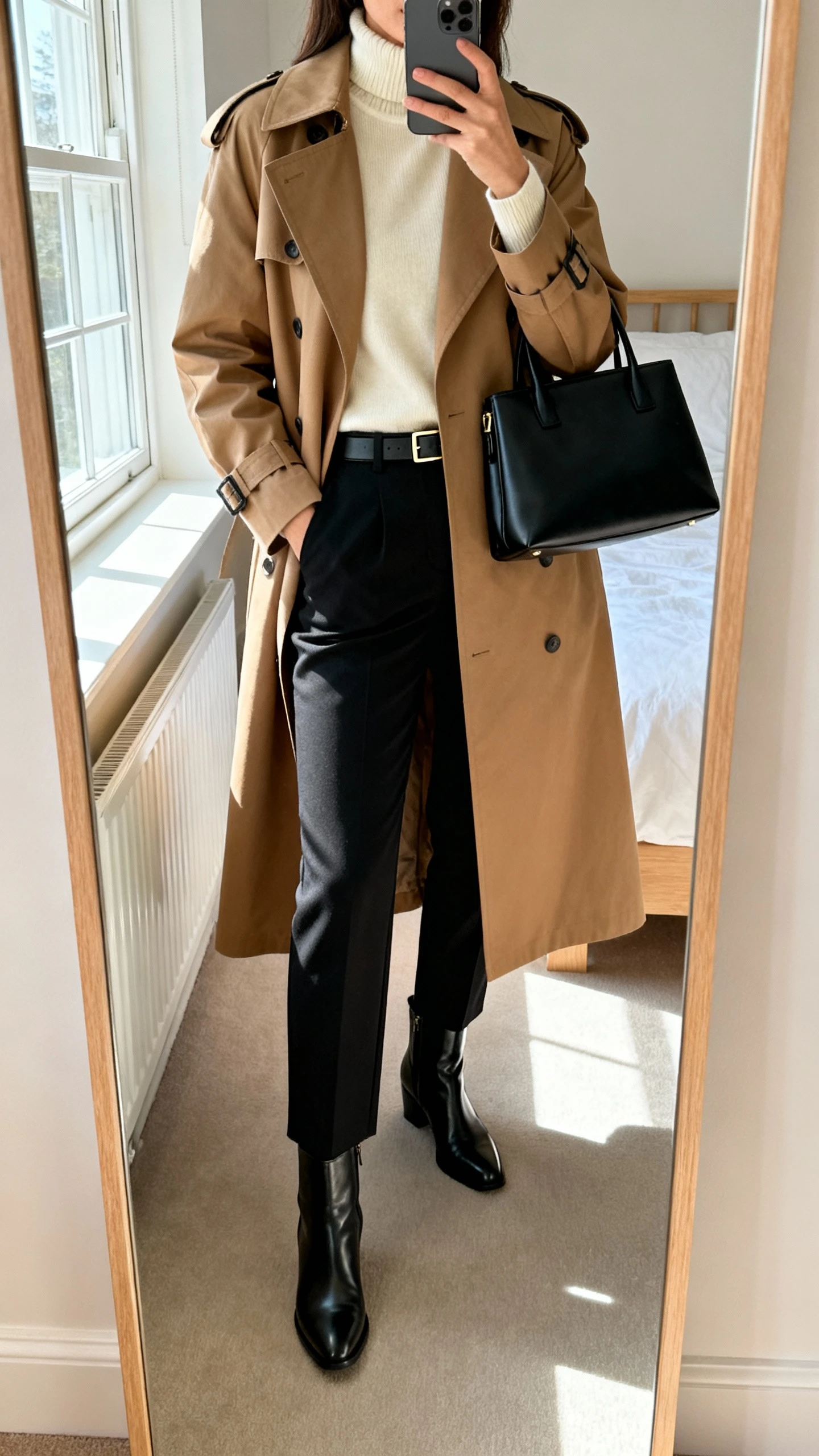iPhone mirror selfie of a woman wearing a camel trench coat layered over a cream turtleneck, tailored black trousers, sleek leather ankle boots, a structured black tote, and a slim belt, face not visible, cropped at neck, bedroom mirror with natural window light, iPhone photo quality.