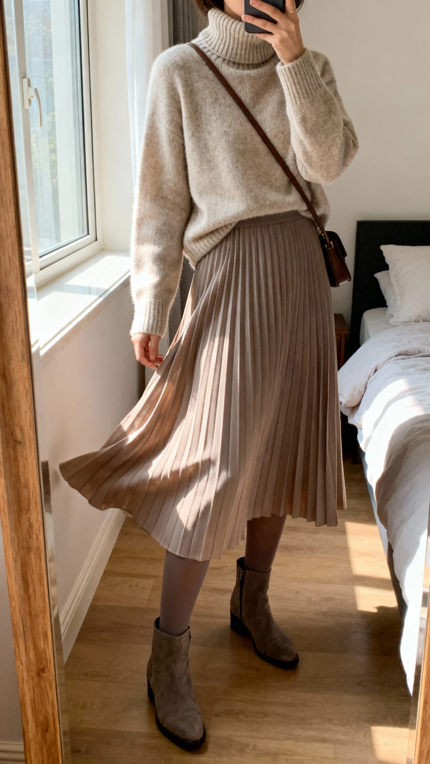 iPhone mirror selfie of a woman wearing a cashmere turtleneck sweater and a pleated midi skirt that swishes, paired with opaque tights, ankle boots, and a simple crossbody, face not visible, cropped at neck, bedroom mirror, natural window light, iPhone photo quality.