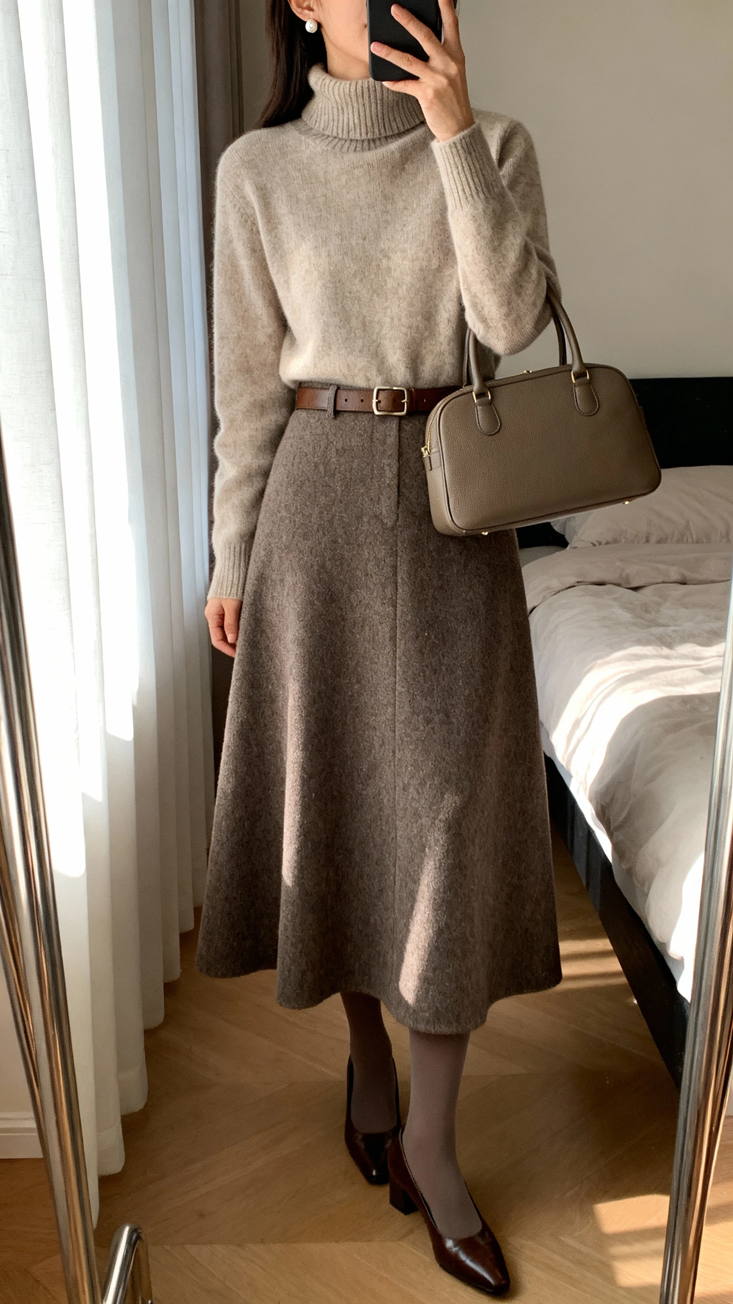iPhone mirror selfie of a woman wearing a cashmere turtleneck sweater tucked into a wool A-line floor-length skirt with simple leather belt, opaque tights, classic leather pumps, minimal stud earrings, and a structured top-handle bag, face not visible, cropped at neck, bedroom mirror, soft morning window light, iPhone photo quality.