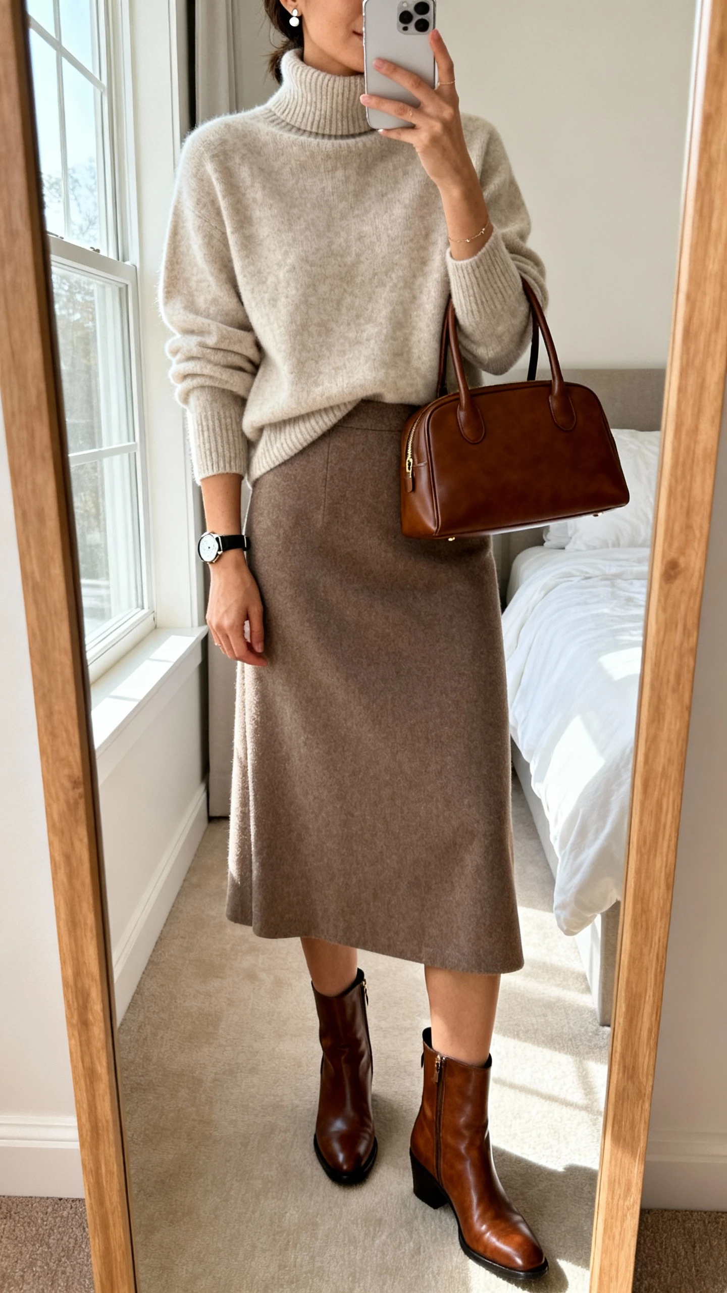 iPhone mirror selfie of a woman wearing a cashmere turtleneck tucked into a midi skirt with polished leather ankle boots, structured top-handle bag, delicate stud earrings, and a classic watch, face not visible, cropped at neck, bedroom mirror, natural window light, iPhone photo quality.