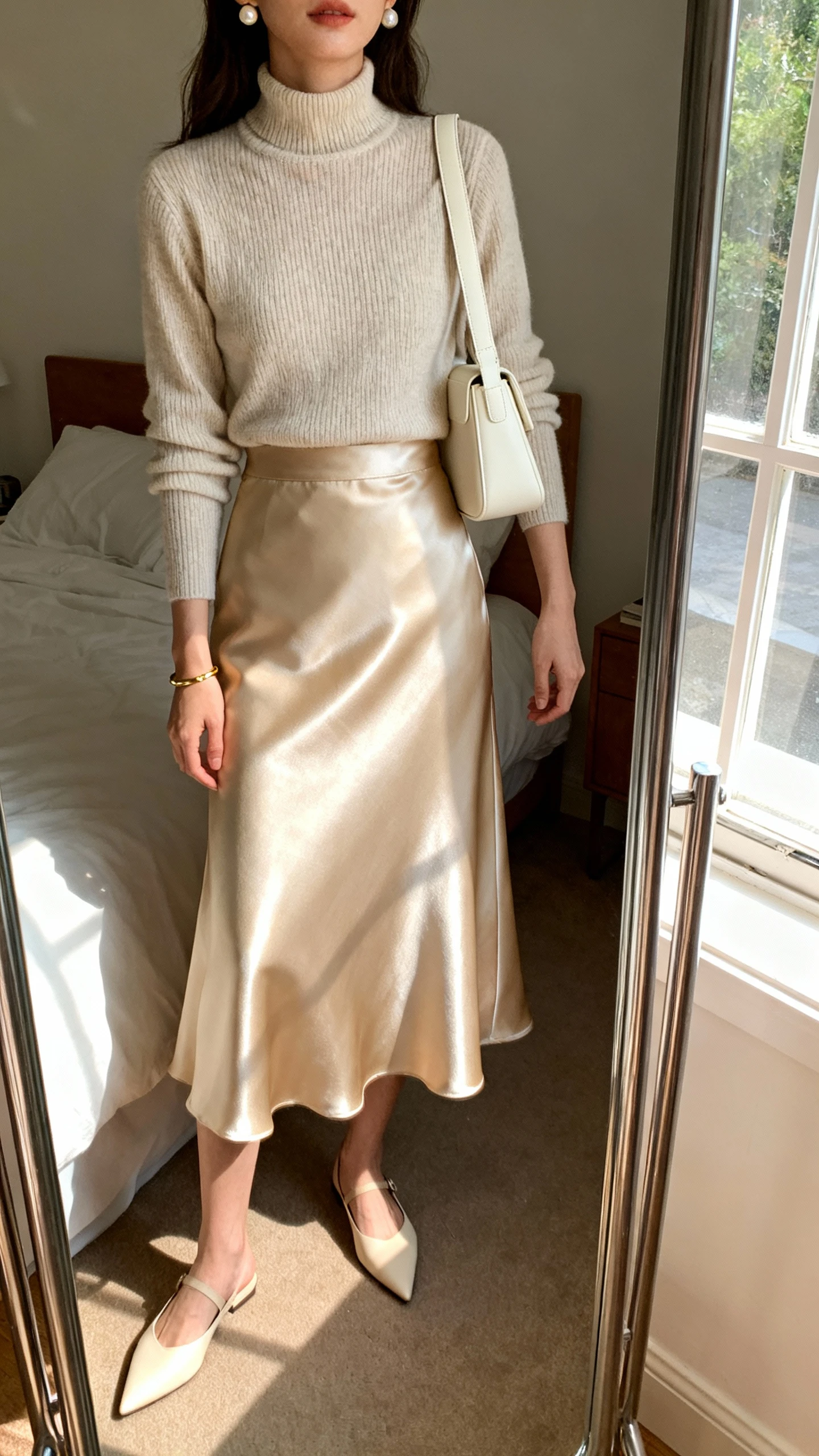 iPhone mirror selfie of a woman wearing a champagne satin A-line skirt, high-neck knit top, pointed-toe flats, structured shoulder bag in cream, pearl studs, and a thin gold bracelet, face not visible, cropped at neck, bedroom mirror with natural window light, iPhone photo quality.