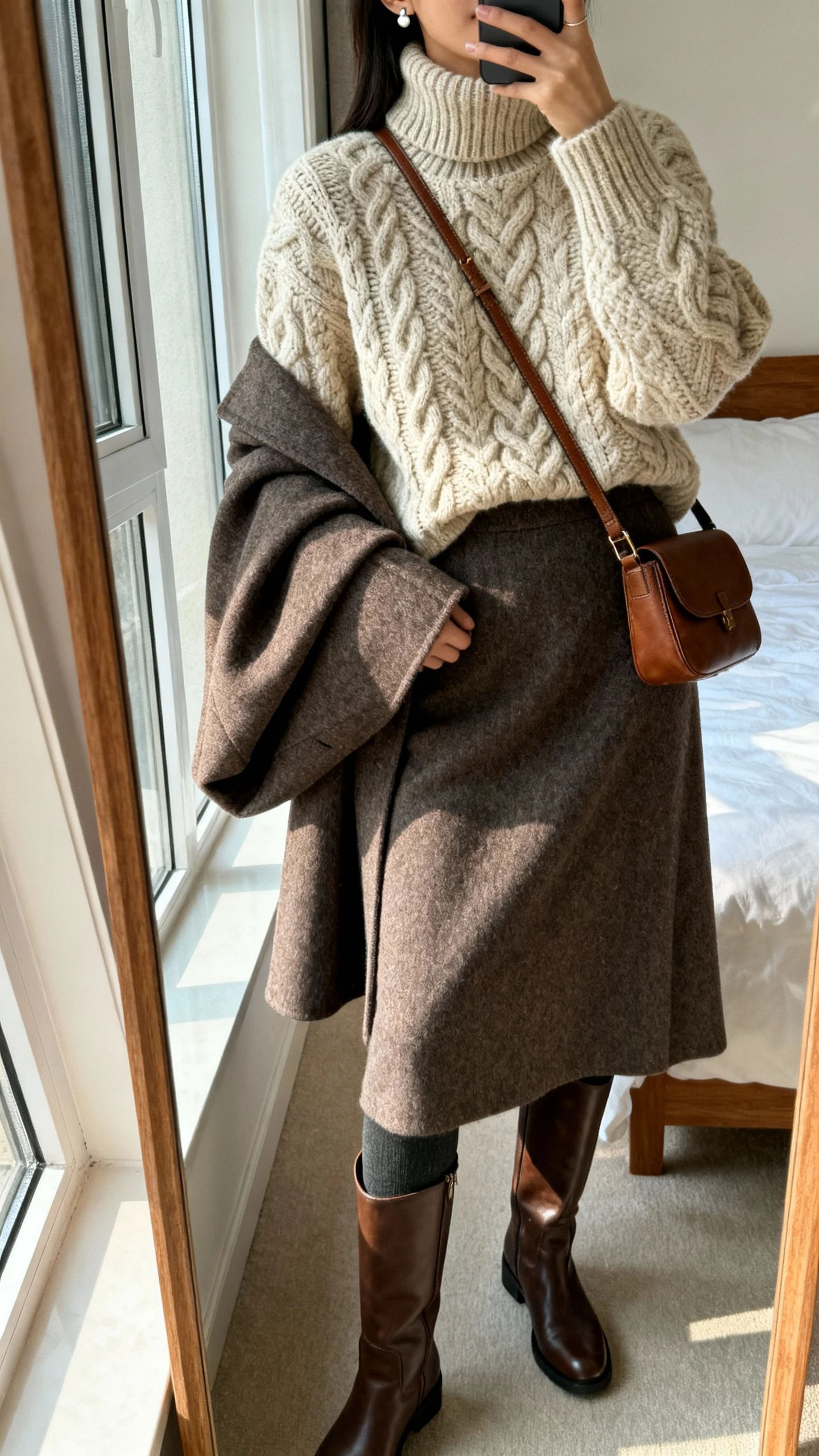 iPhone mirror selfie of a woman wearing a chunky cable‑knit turtleneck sweater tucked into a wool maxi skirt, winter tights, leather knee‑high boots, a structured wool coat draped over shoulders, leather crossbody, and simple stud earrings; face not visible, cropped at neck, bedroom mirror, natural window light, iPhone photo quality.
