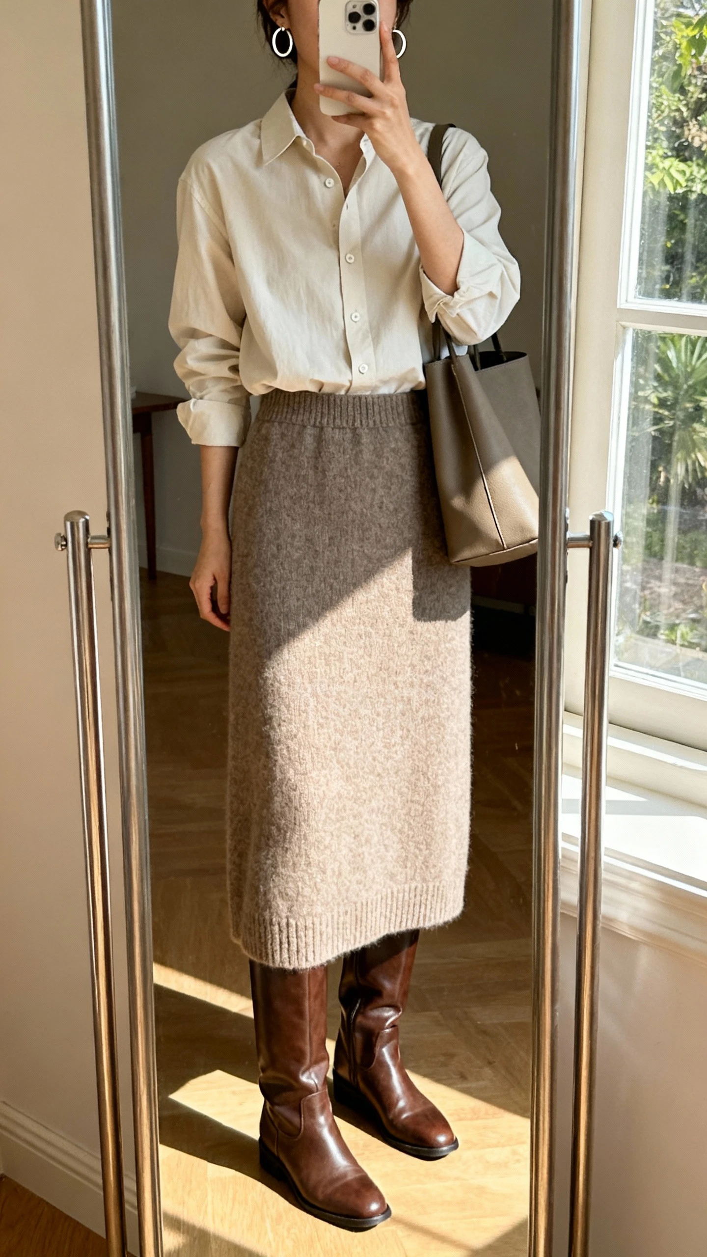 iPhone mirror selfie of a woman wearing a classic button-down shirt tucked into a knit maxi skirt with knee-high leather boots, simple hoop earrings, and a medium tote bag, face not visible, cropped at neck, full-length mirror by window, bright morning light, iPhone photo quality.