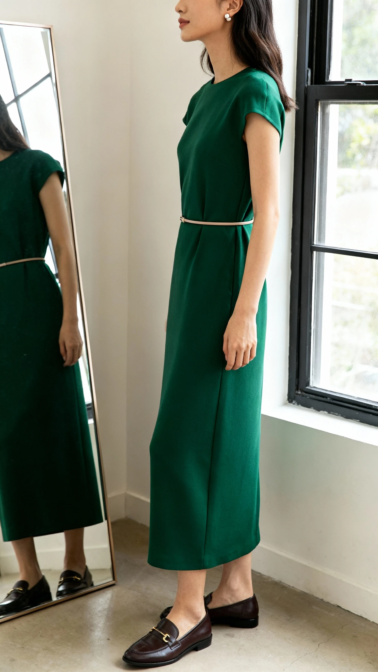 iPhone mirror selfie of a woman wearing a column dress in forest green with clean lines and a gentle shoulder structure, thin waist belt, understated stud earrings, and classic loafers, face not visible, side angle, full-length mirror near a window, natural indoor light, iPhone photo quality.