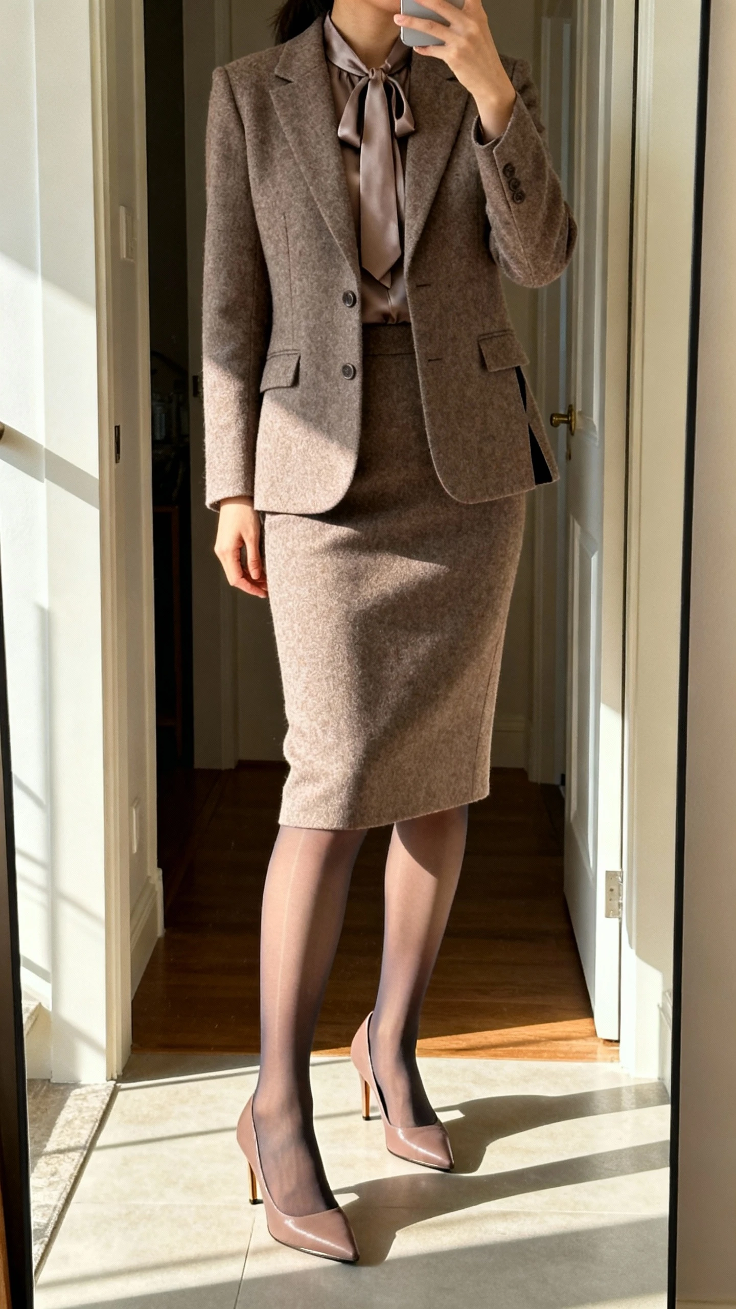 iPhone mirror selfie of a woman wearing a coordinated wool blazer and matching wool midi skirt (gentle pencil with back vent), silk tie-neck blouse, classic mid-heel pumps, and sheer-to-opaque tights in the same tone as the shoes, face not visible, cropped at neck, entryway mirror with morning light, iPhone photo quality.