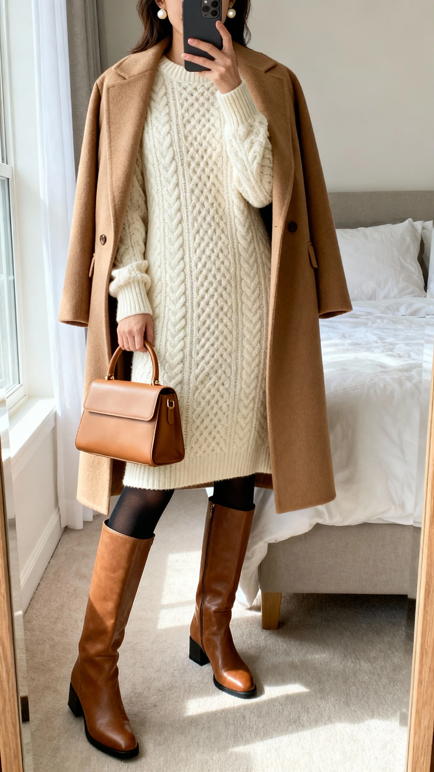 iPhone mirror selfie of a woman wearing a cream cable-knit midi sweater dress, camel tailored wool coat draped over shoulders, knee-high leather boots with low block heel, black opaque thermal tights, a structured top-handle bag in tan, and pearl studs; face not visible, cropped at neck, bedroom mirror, natural window light, iPhone photo quality.