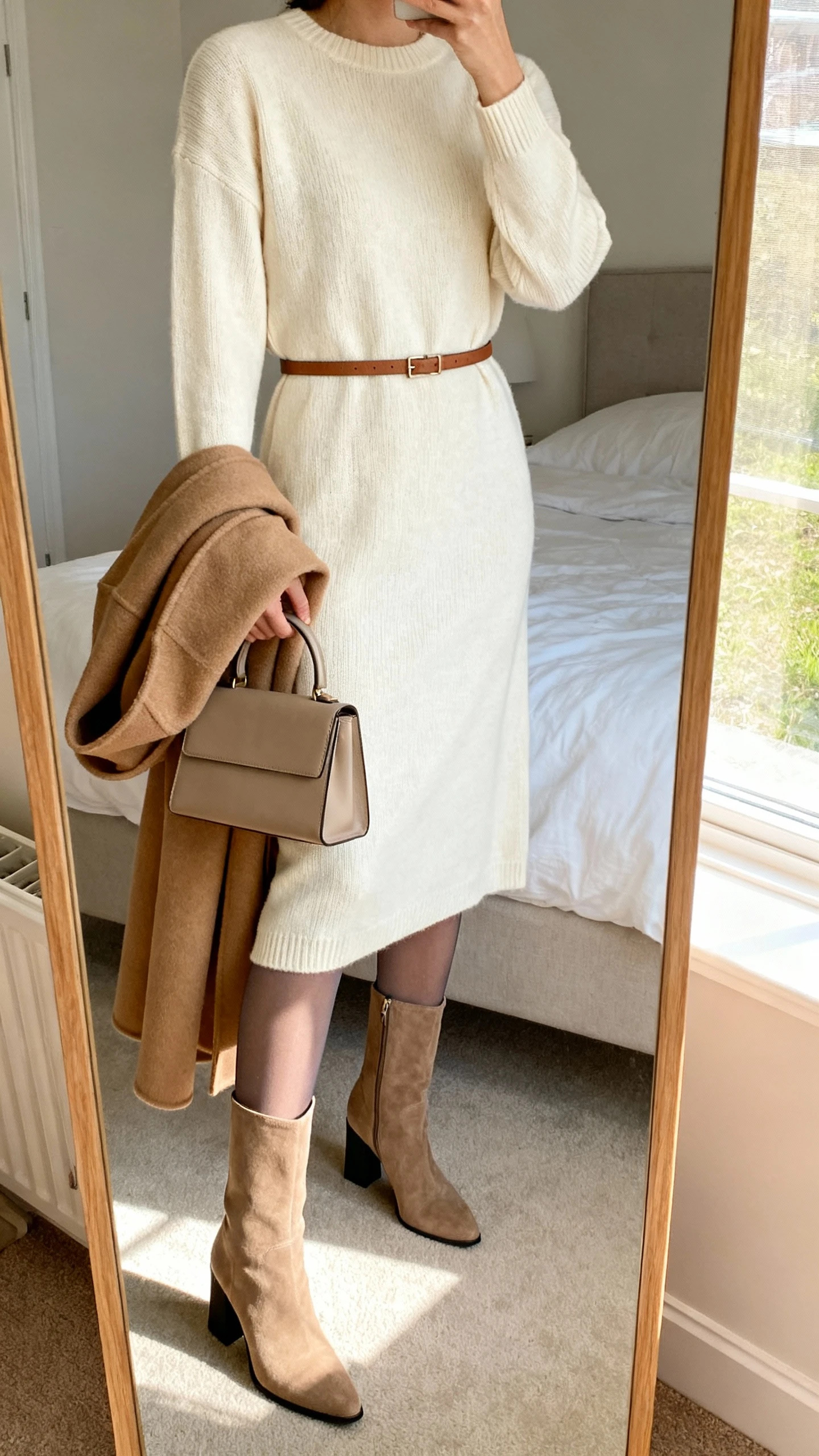 iPhone mirror selfie of a woman wearing a cream midi long-sleeve sweater dress with a thin leather belt, opaque tights, knee-high block-heel boots, a camel wool coat draped over her arm, and a structured top-handle bag, face not visible, cropped at neck, bedroom mirror with morning window light, iPhone photo quality.
