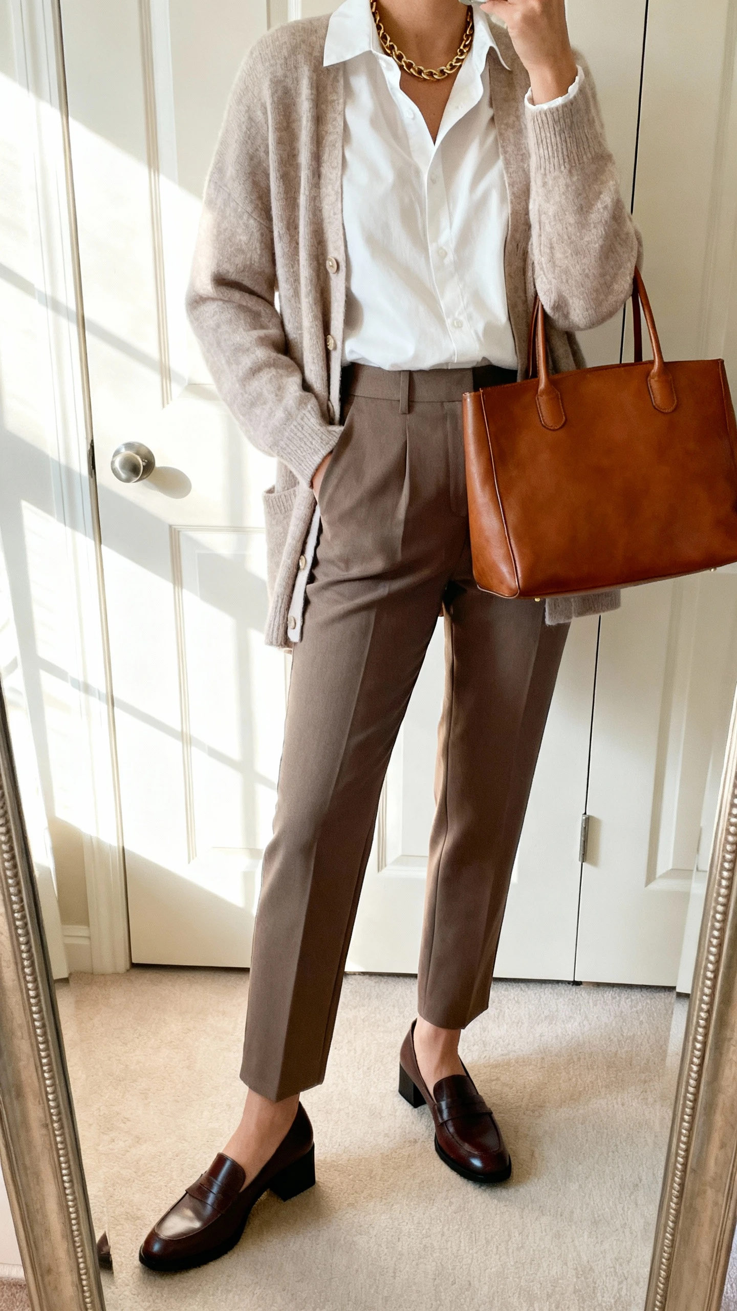 iPhone mirror selfie of a woman wearing a crisp blouse layered under a soft cardigan with tailored trousers, low block-heel loafers, a leather tote, and a simple chain necklace, face not visible, cropped at neck, closet-door mirror, natural window light, iPhone photo quality.